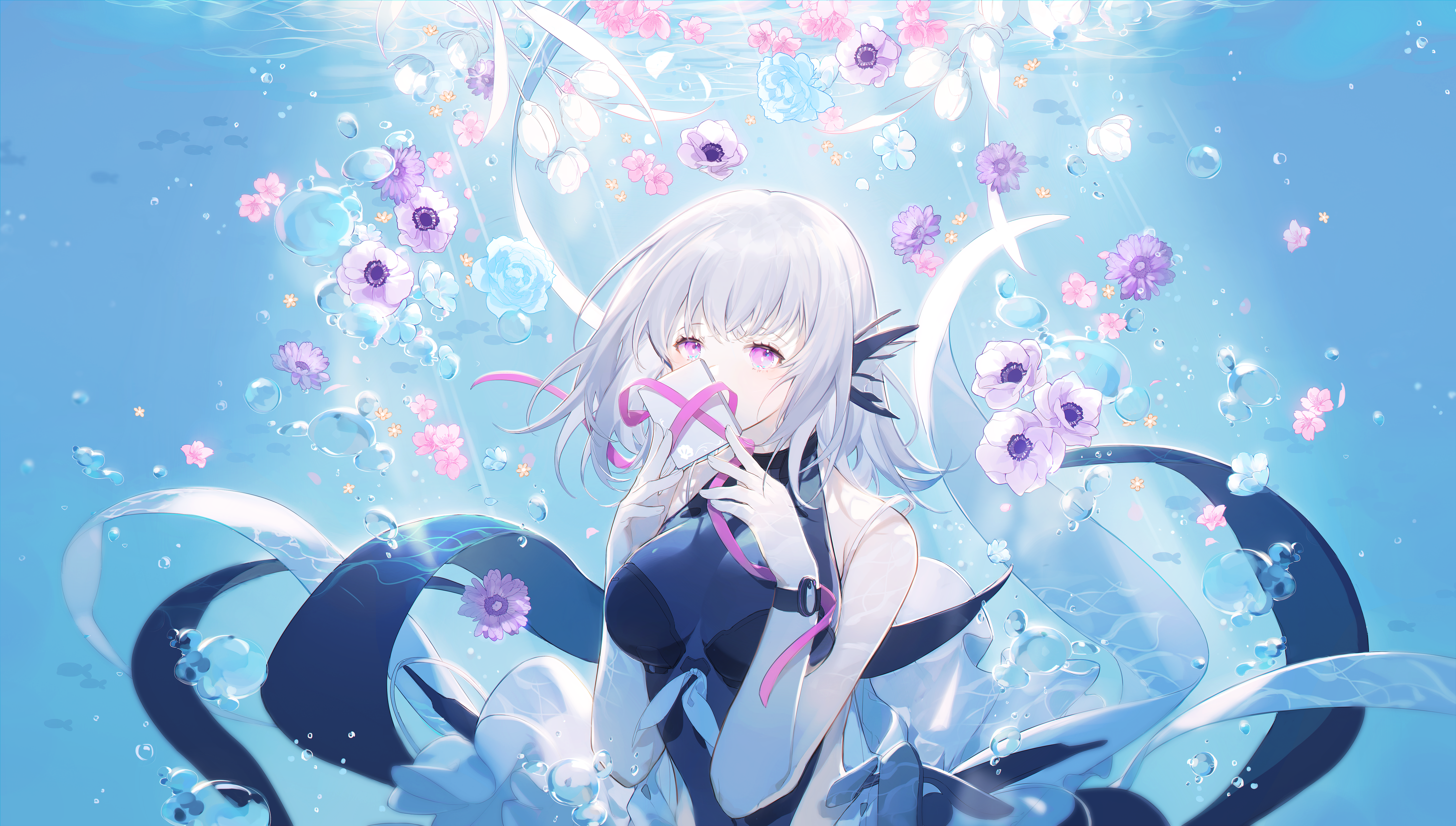 Miyuki underwater with flowers and bubbles HD Wallpaper