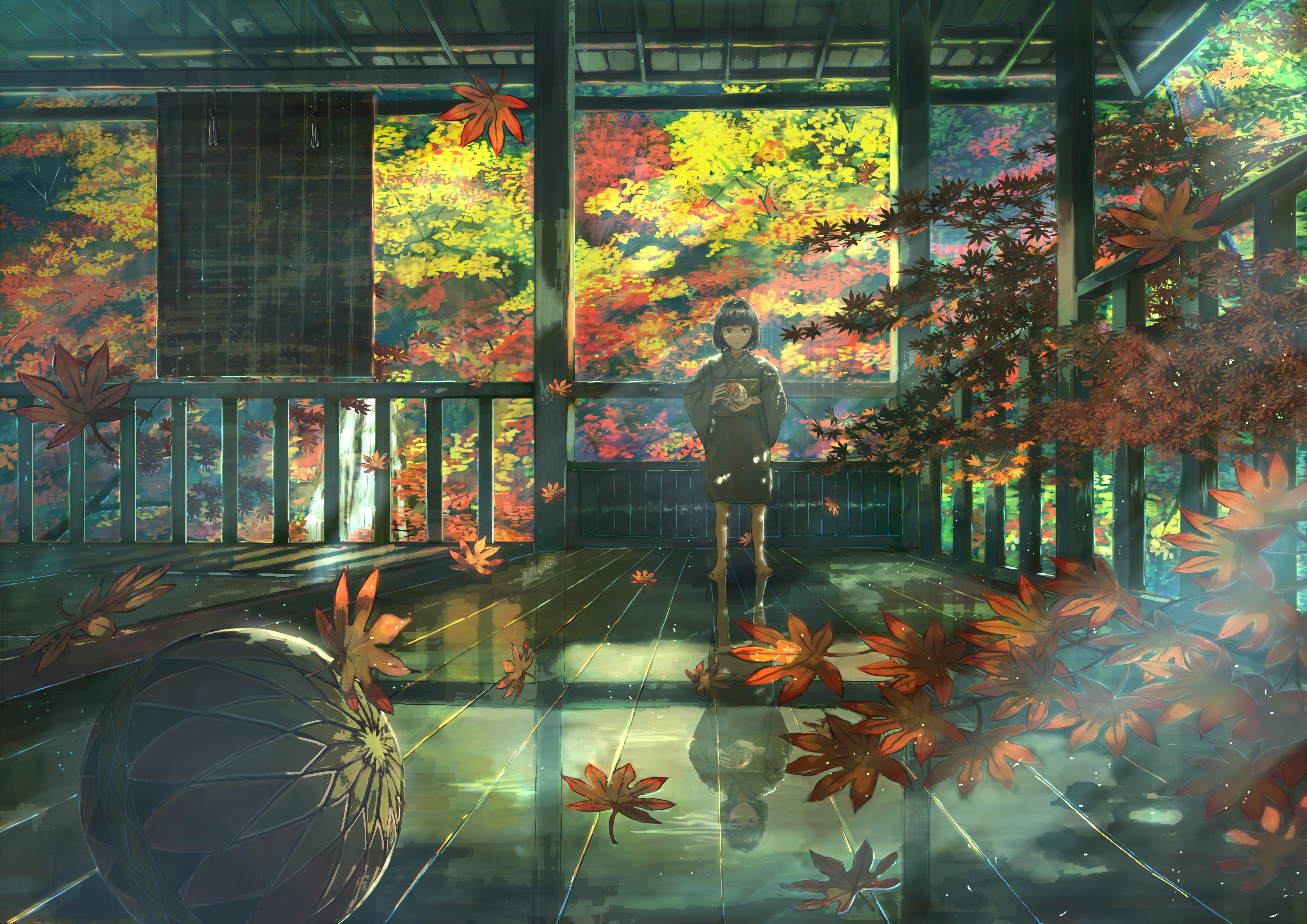 Anime girl in kimono standing in a room with autumn leaves HD Wallpaper