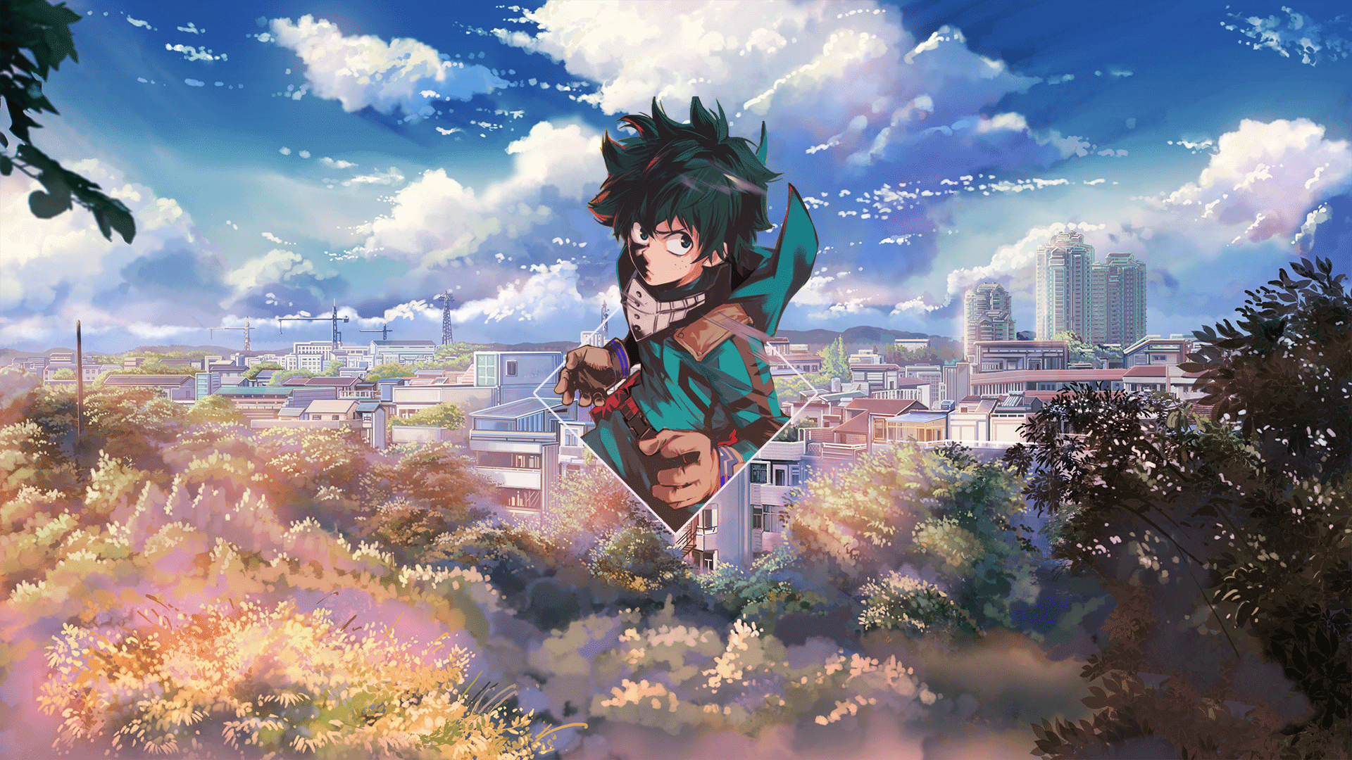 Izuku Midoriya from Boku no Hero Academia in a city landscape HD Wallpaper