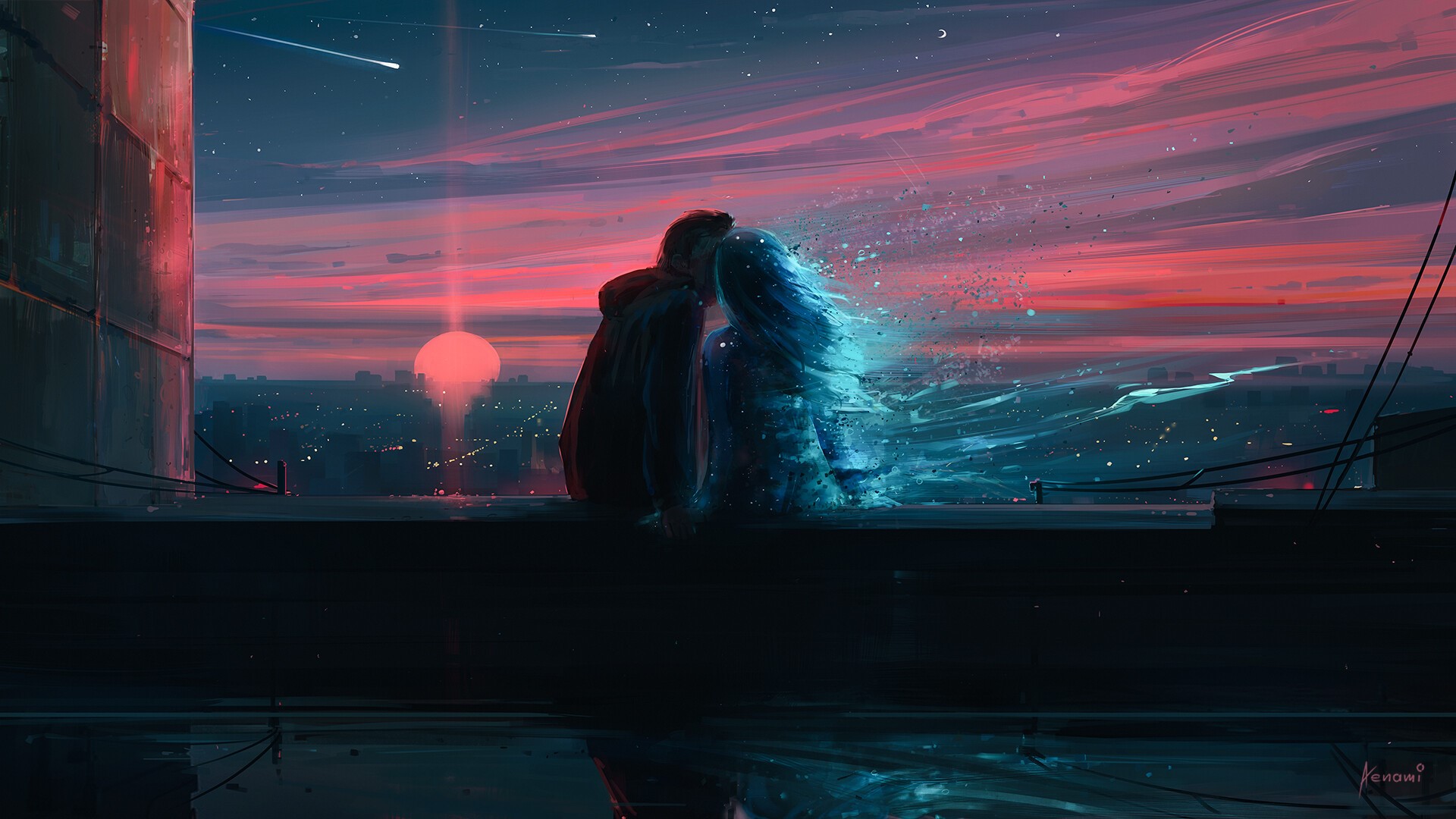 Couple dissolving into light at sunset over city HD Wallpaper