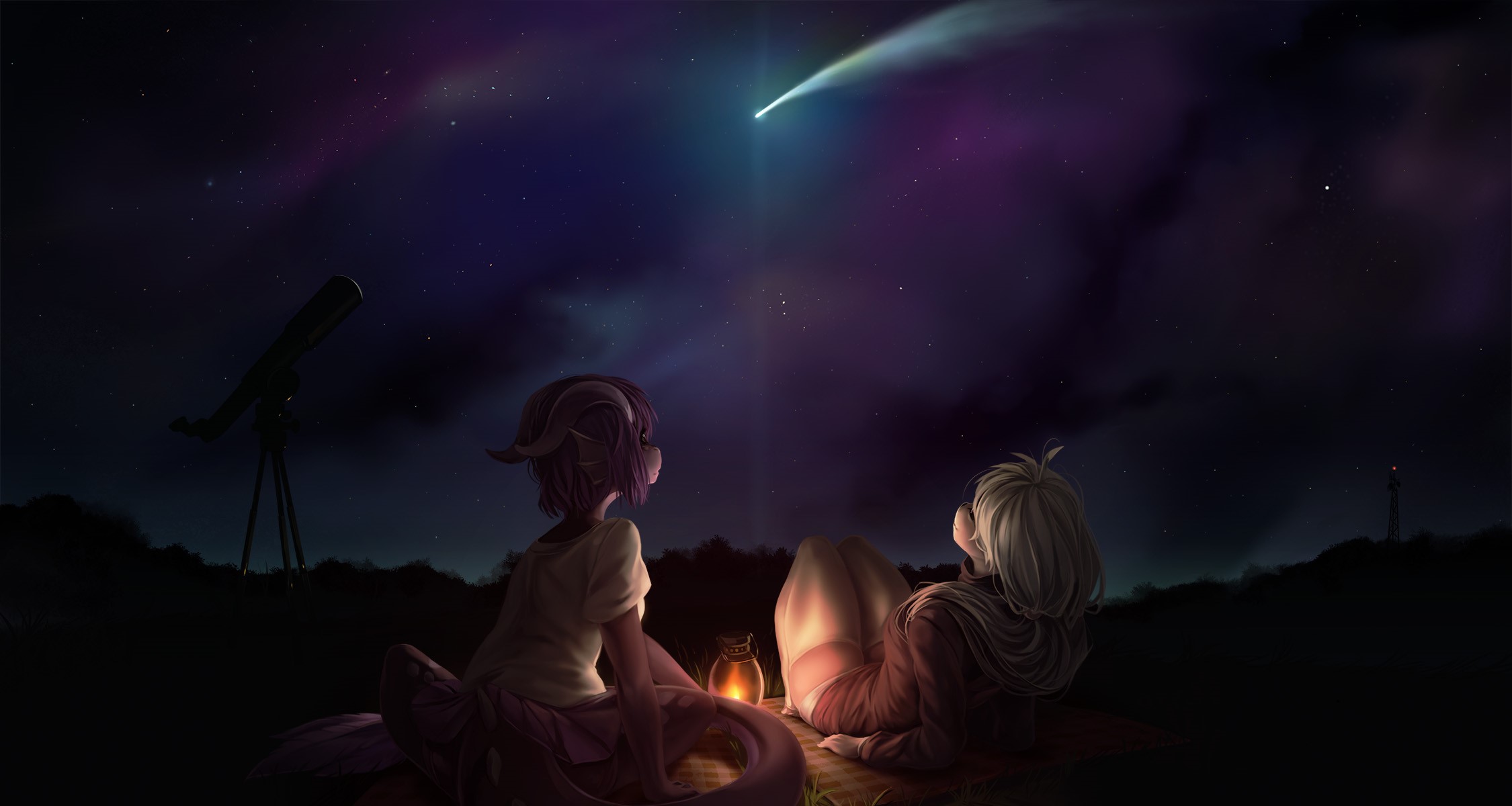 Two furries watching a comet with a telescope HD Wallpaper
