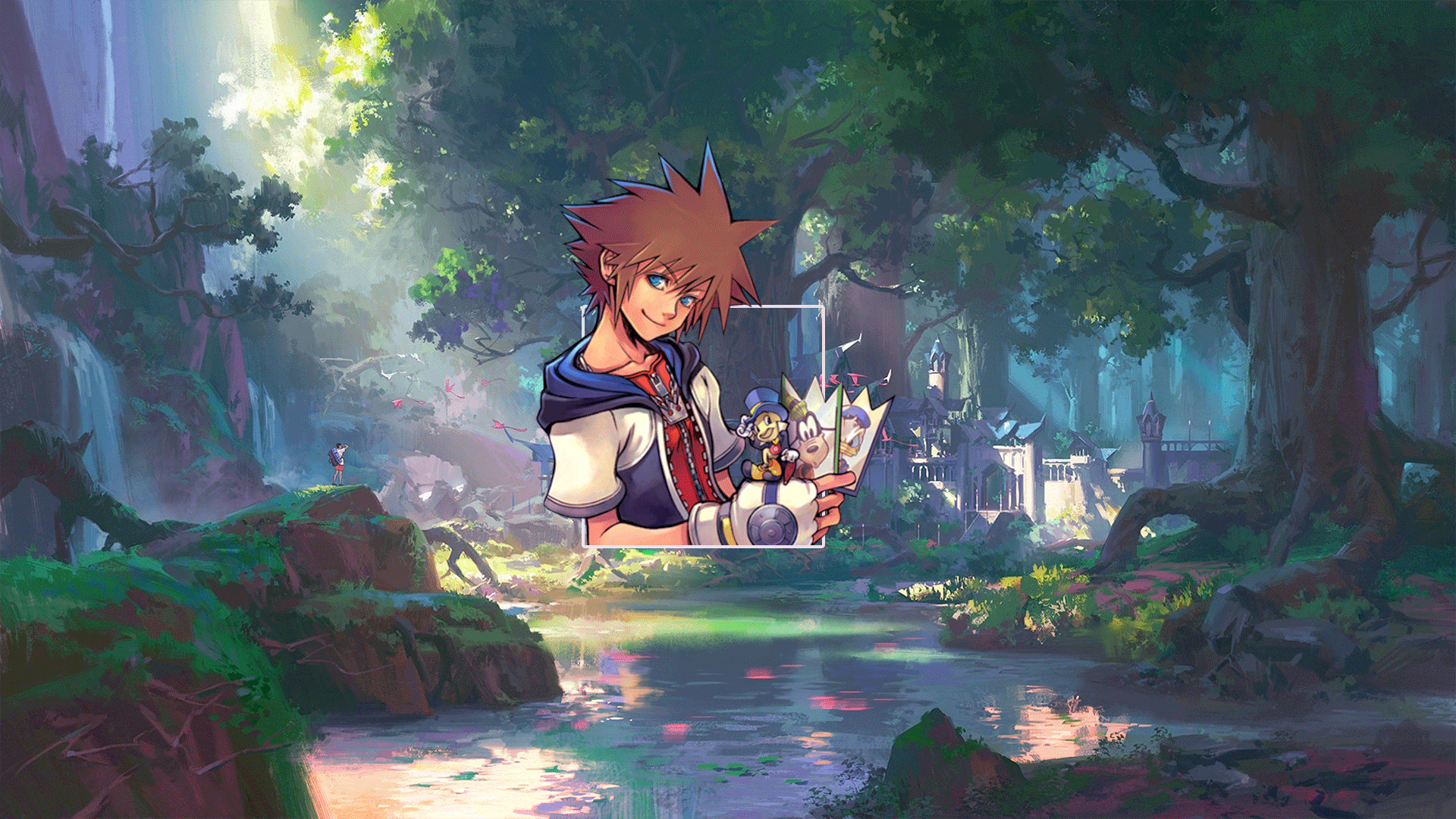 Sora from Kingdom Hearts holding pictures with Goofy and Donald Duck HD Wallpaper
