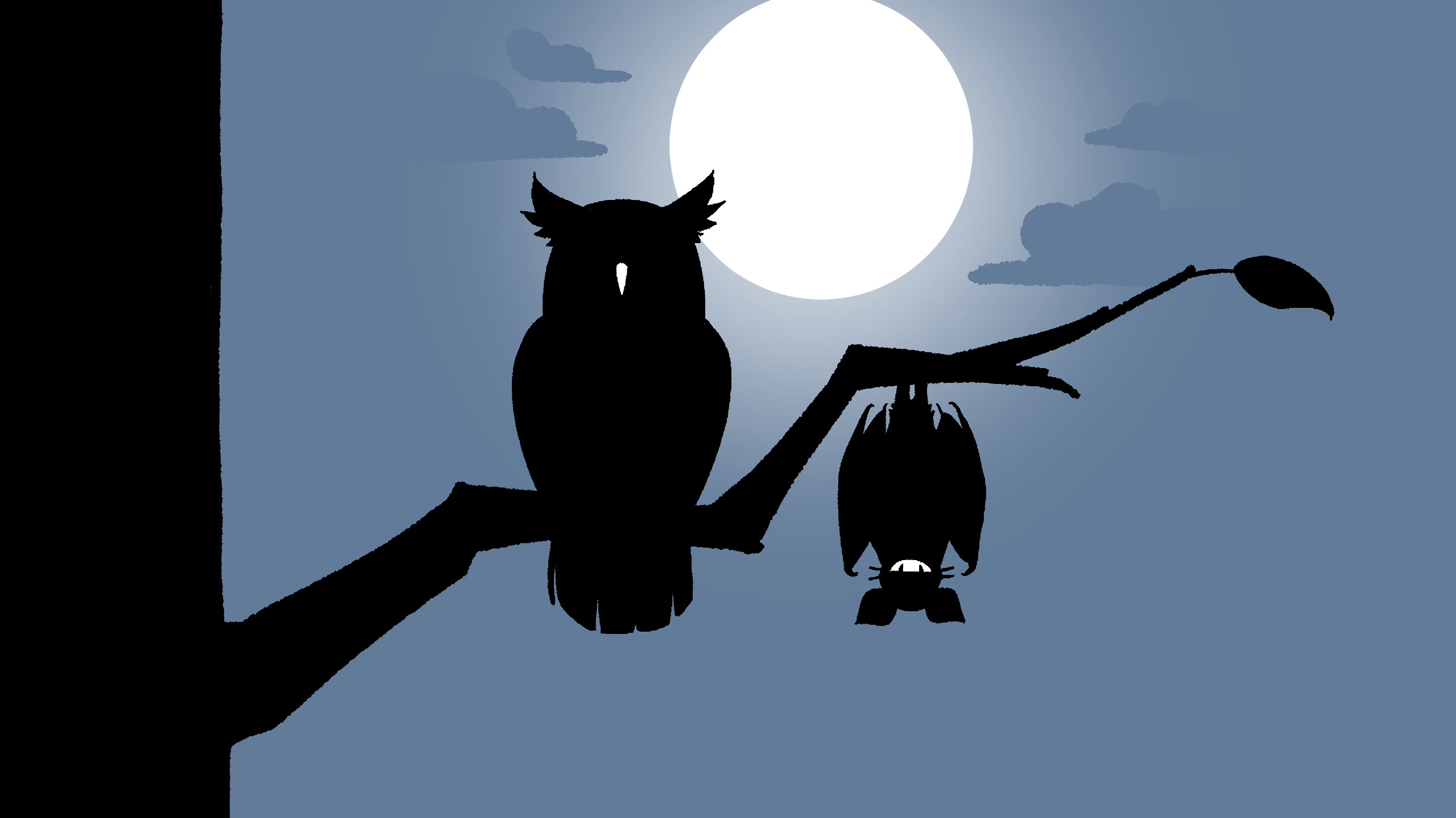 Touhou: Owl and Bat silhouetted against the moon HD Wallpaper