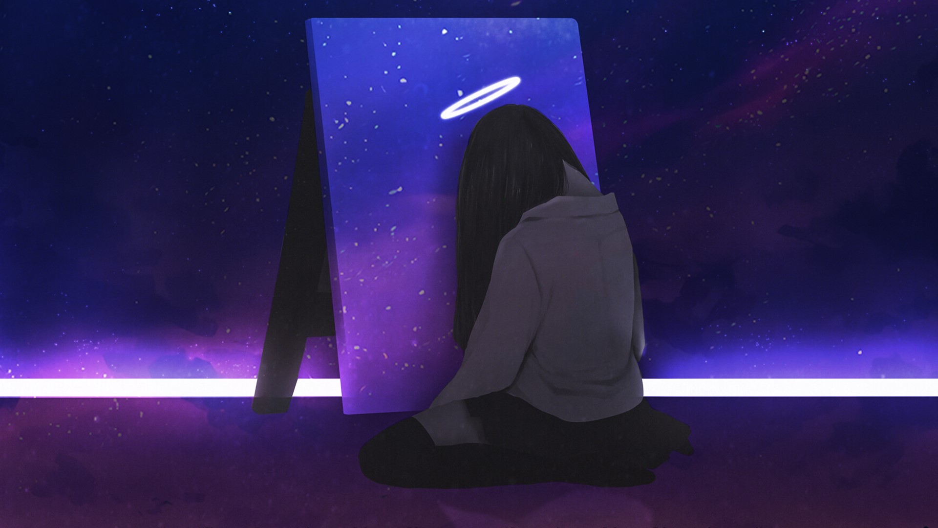 Girl with halo in space HD Wallpaper
