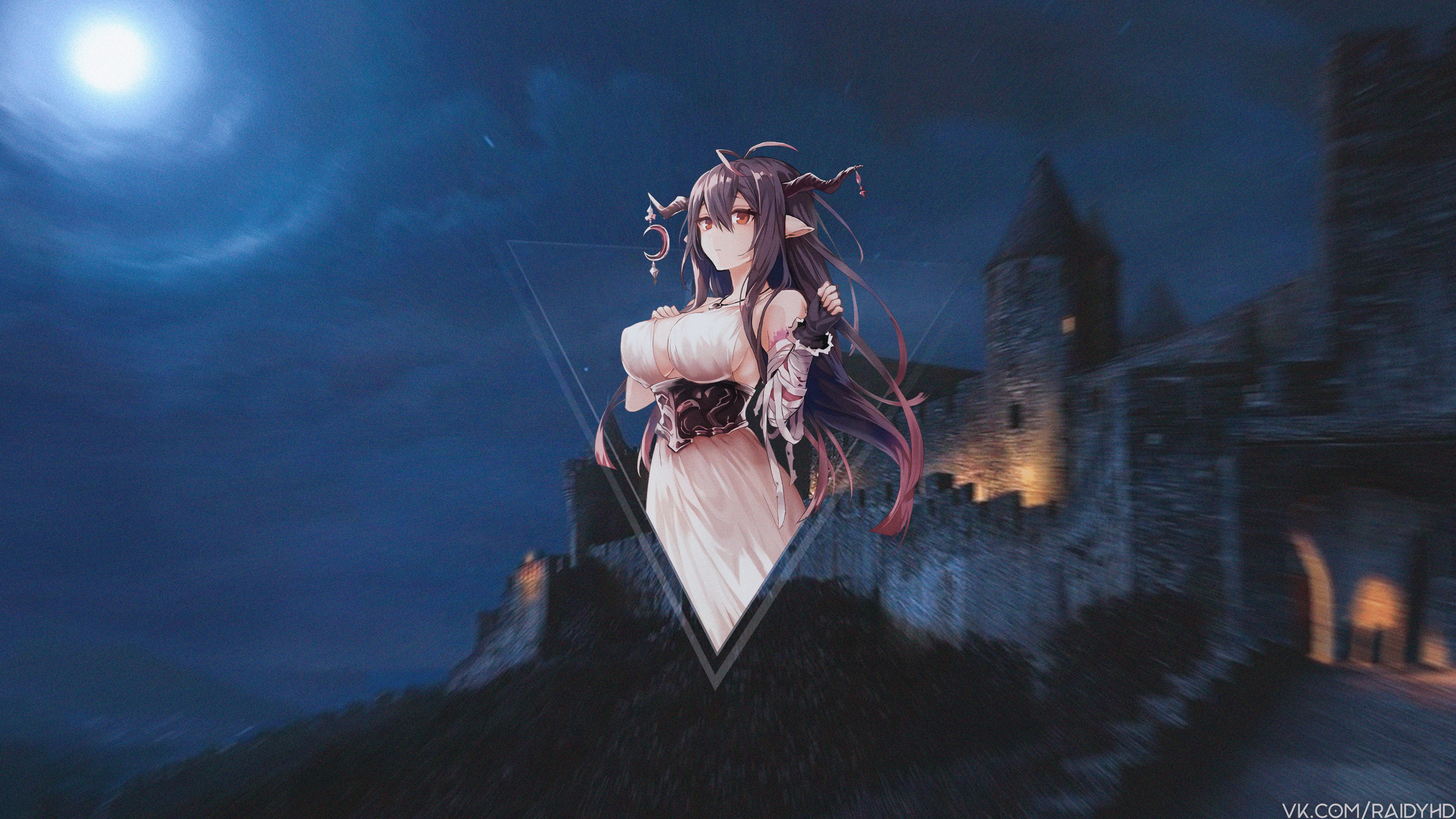 Anime girl with horns in front of a castle at night HD Wallpaper