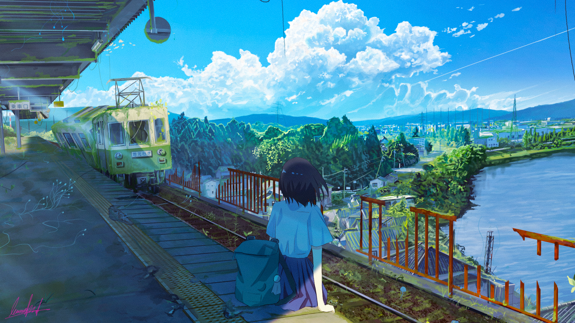 Anime girl at abandoned train station with overgrown train HD Wallpaper
