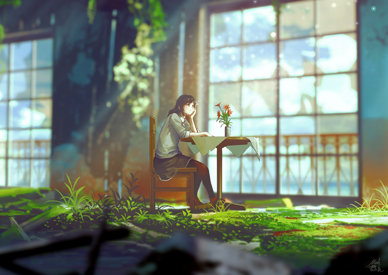 Anime girl sitting at a table in ruins HD Wallpaper