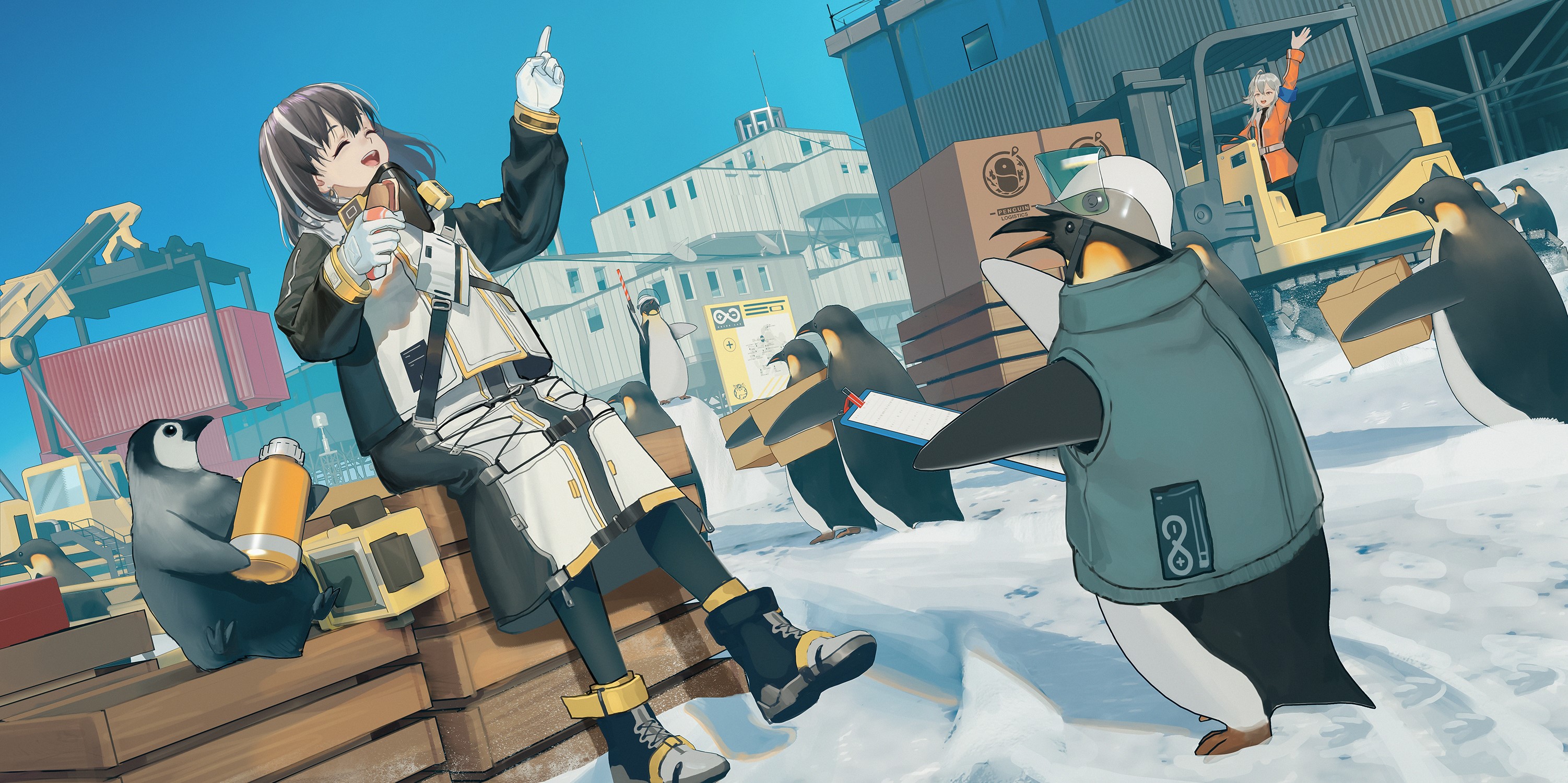 Mayer from Arknights with penguins in Antarctica HD Wallpaper