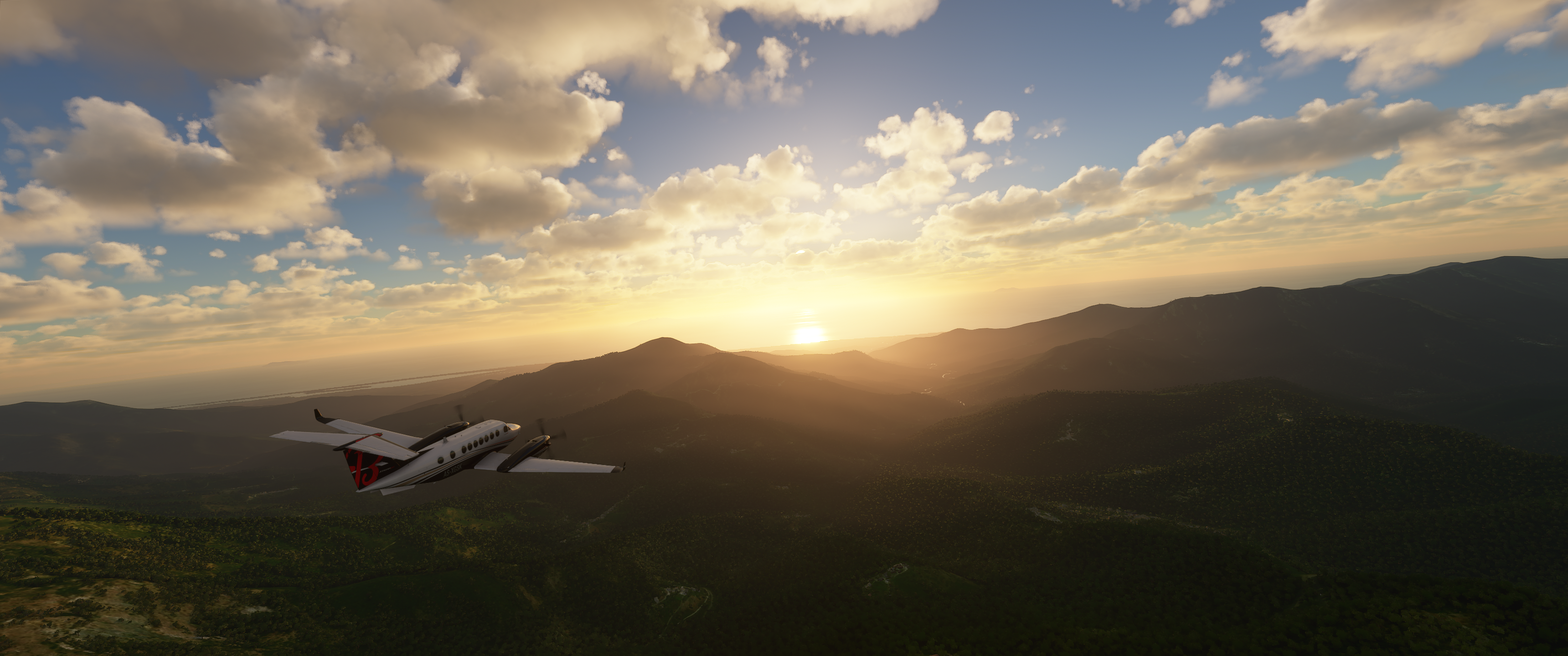 Airplane flying over mountains at sunset HD Wallpaper