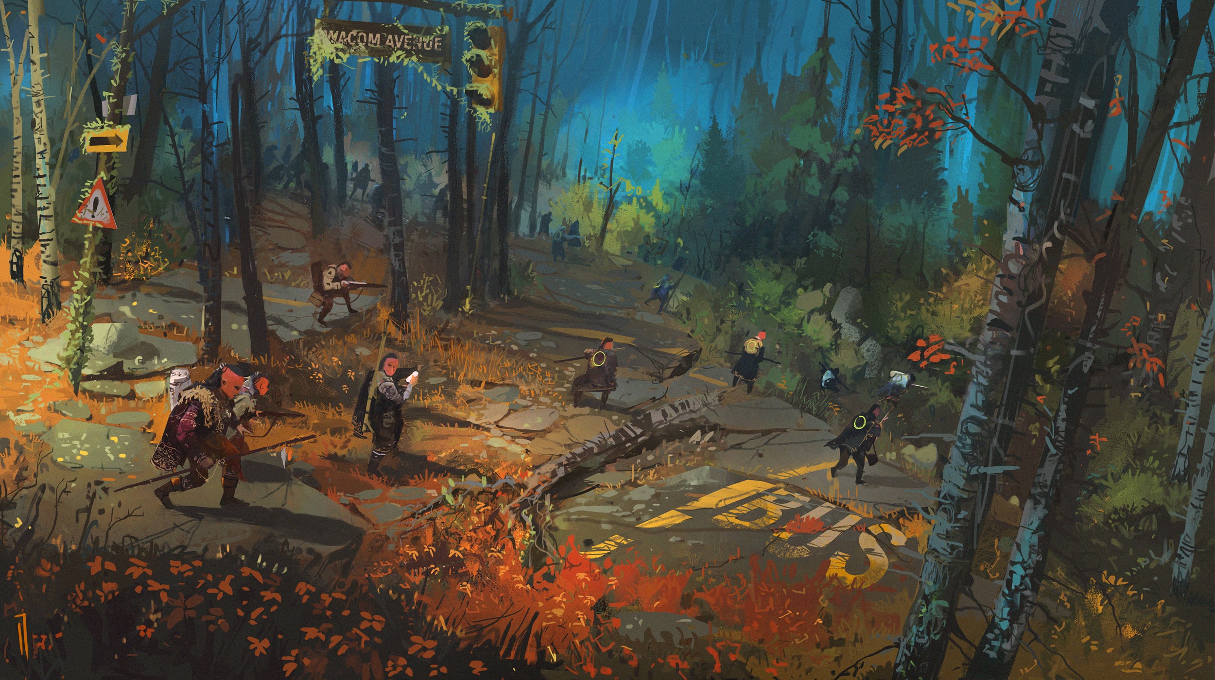People walking on a road in a forest with signs HD Wallpaper