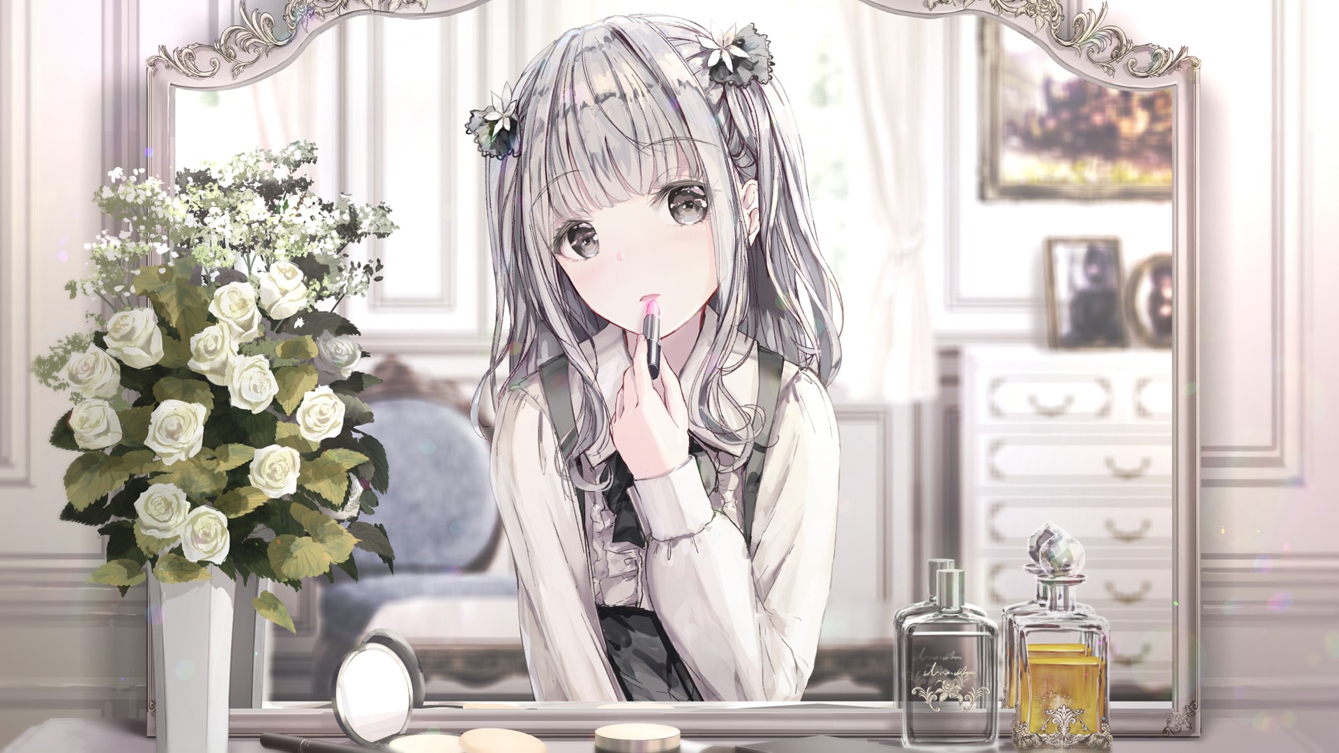 Anime girl with gray hair applying lipstick in a mirror HD Wallpaper