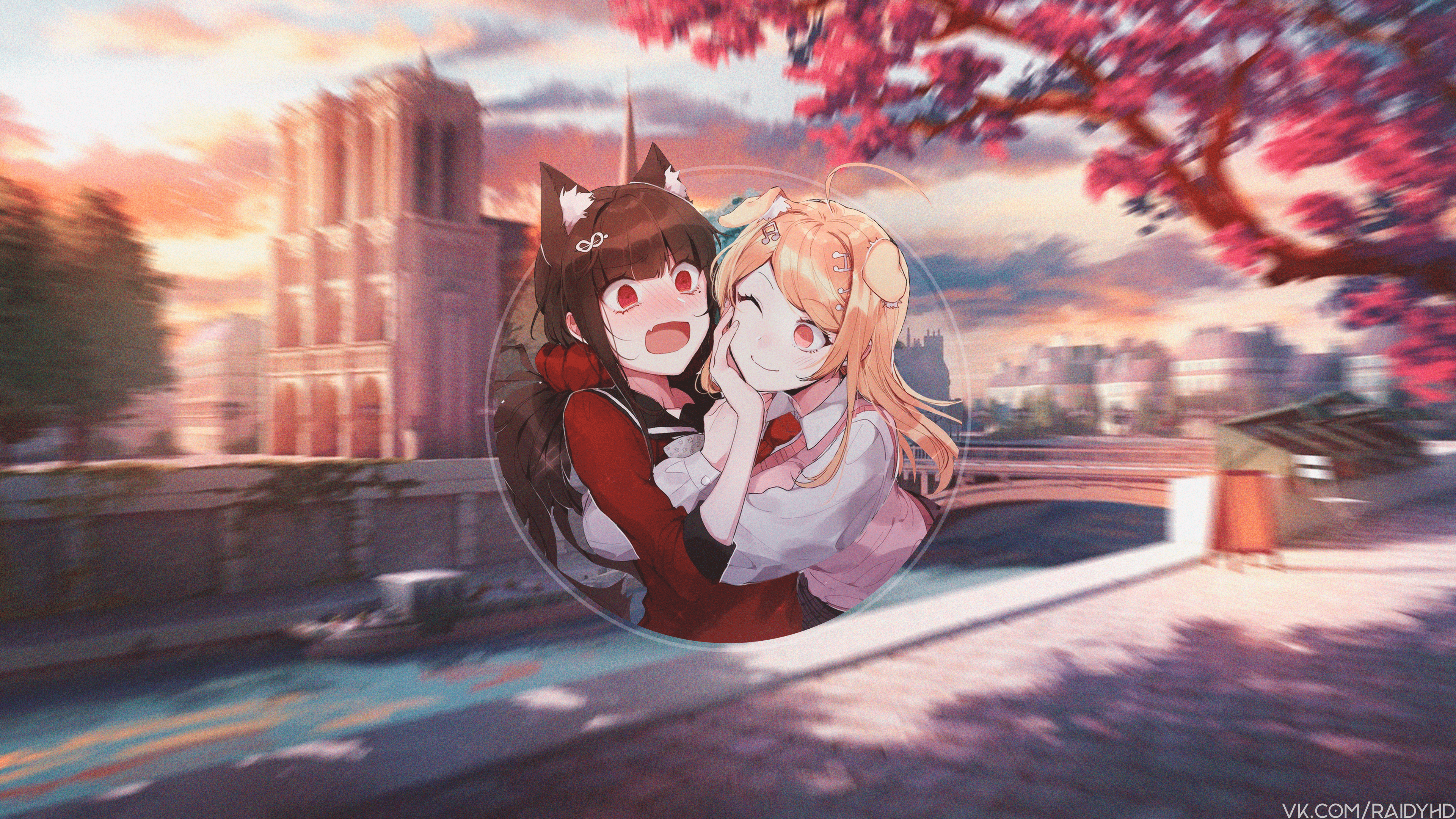 Anime girls hugging in front of Notre Dame HD Wallpaper