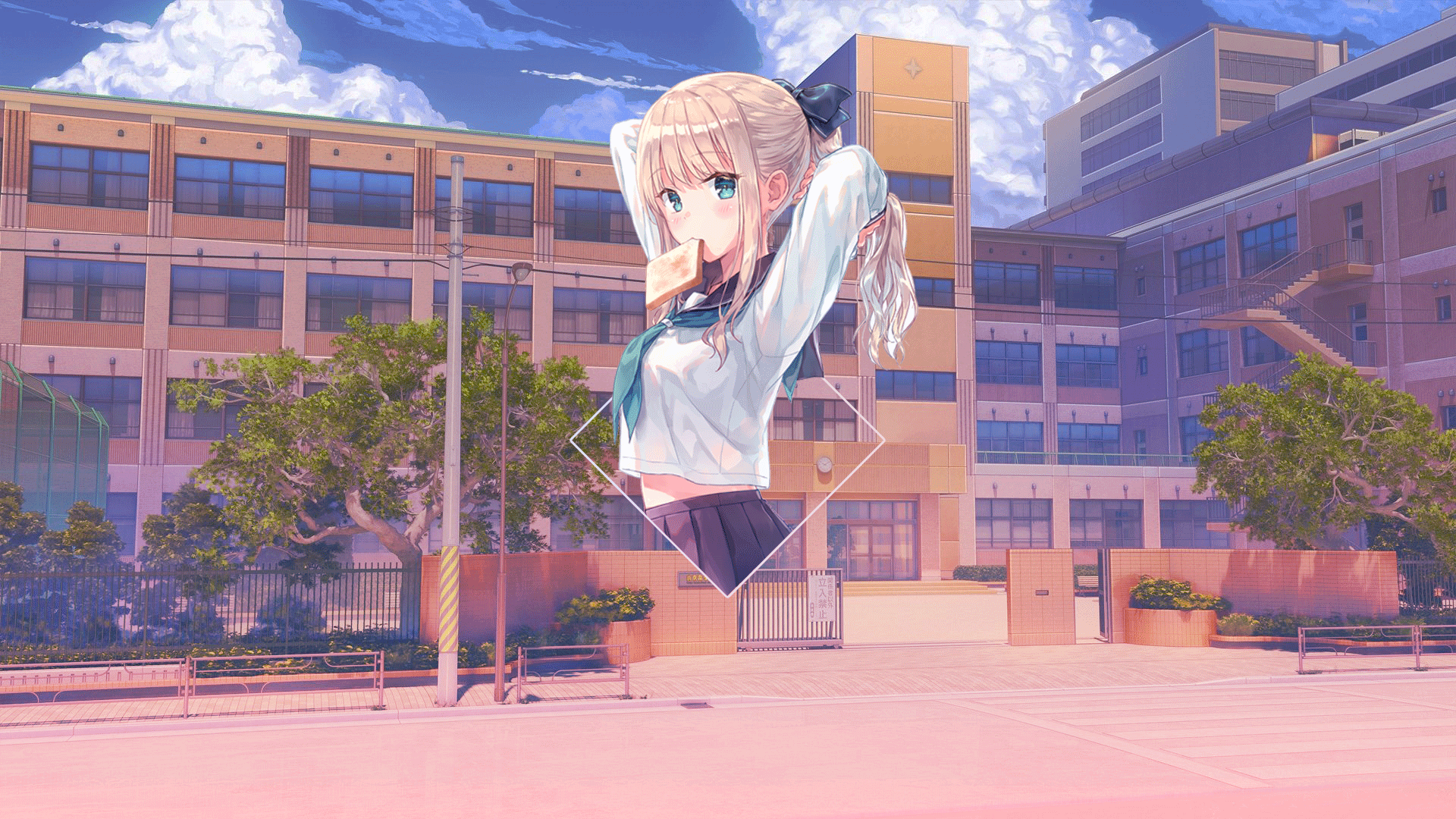 Anime girl in school uniform eating toast in front of school HD Wallpaper