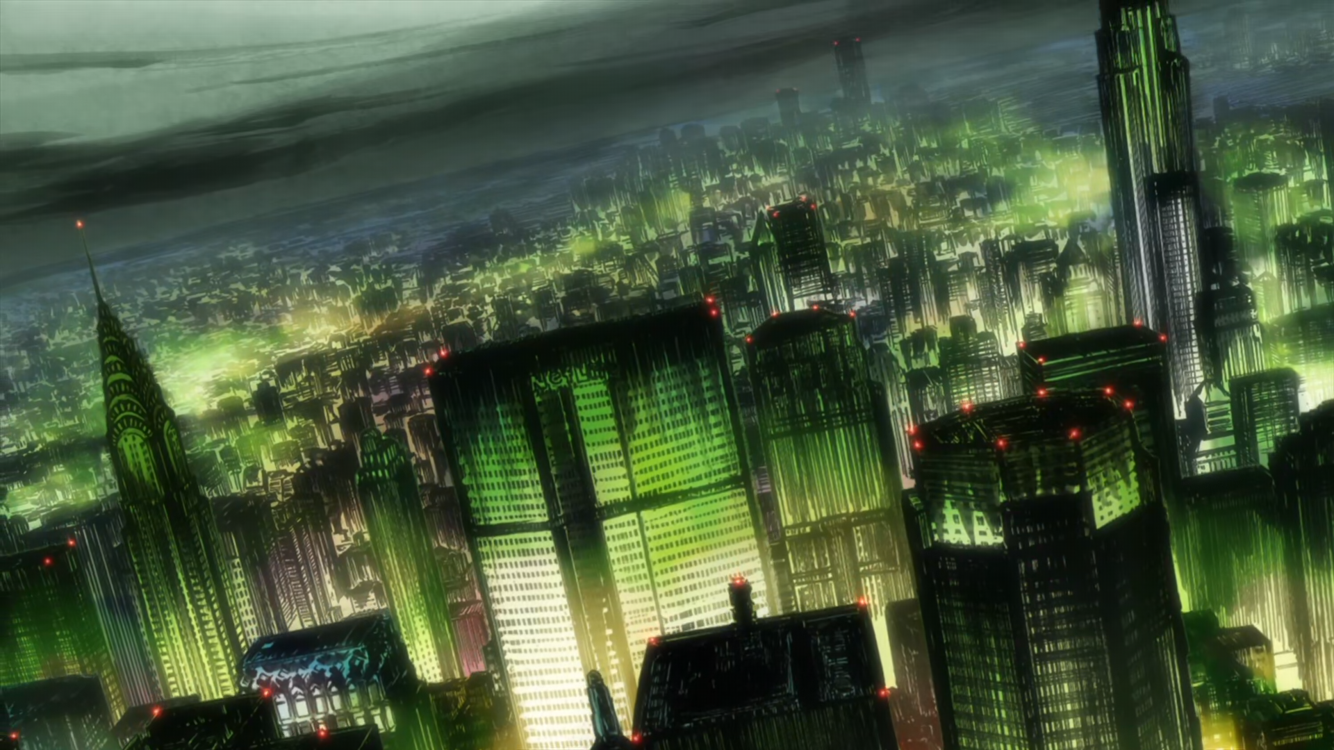 Anime cityscape at night with green lights HD Wallpaper