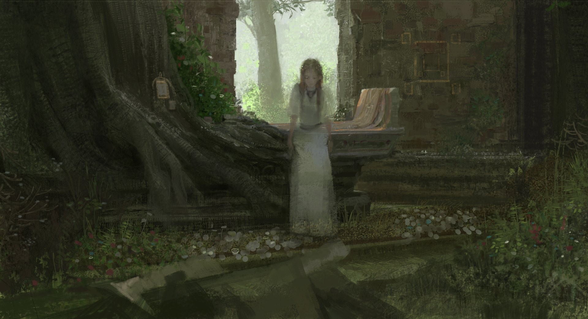 Ghostly woman in a forest ruin HD Wallpaper