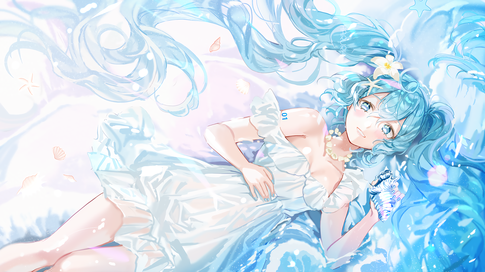 Hatsune Miku in a white dress with seashells and water HD Wallpaper