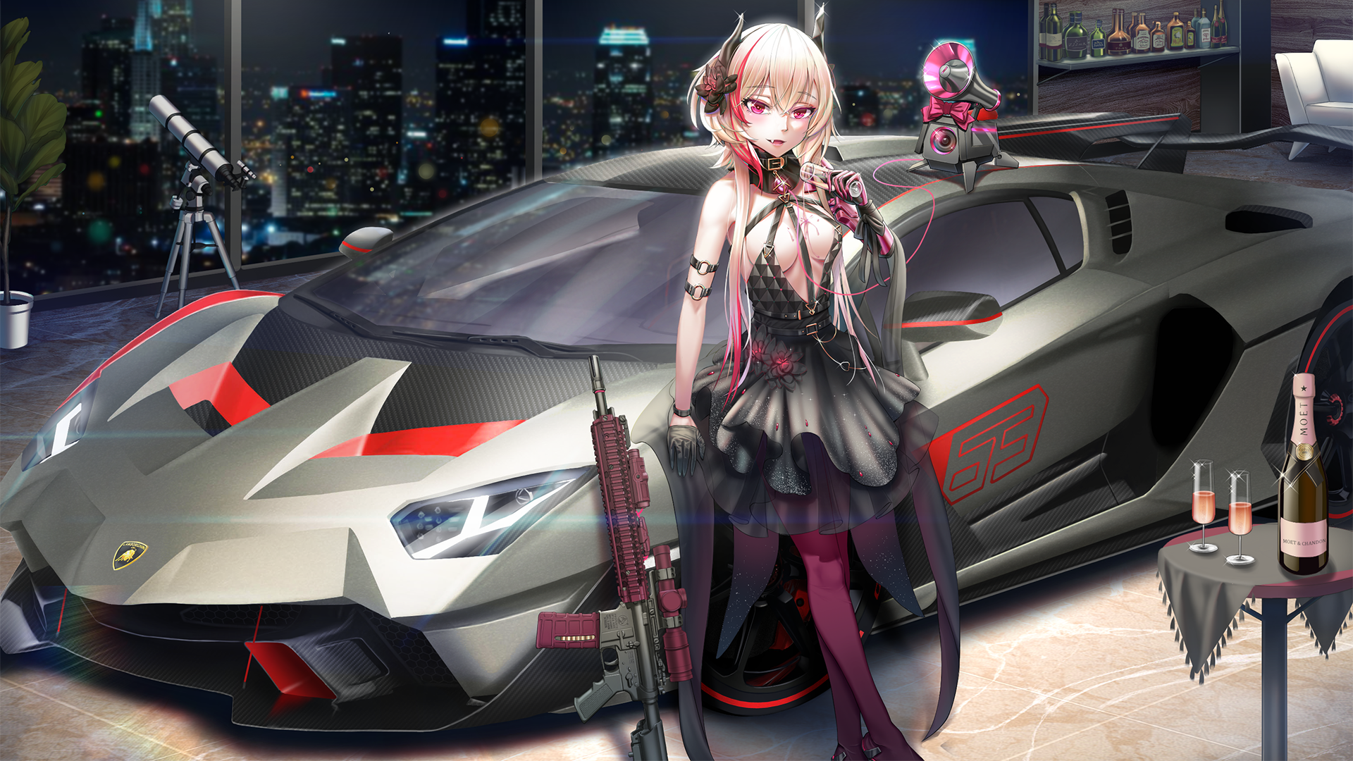 Anime girl with assault rifle and Lamborghini Aventador SVJ HD Wallpaper