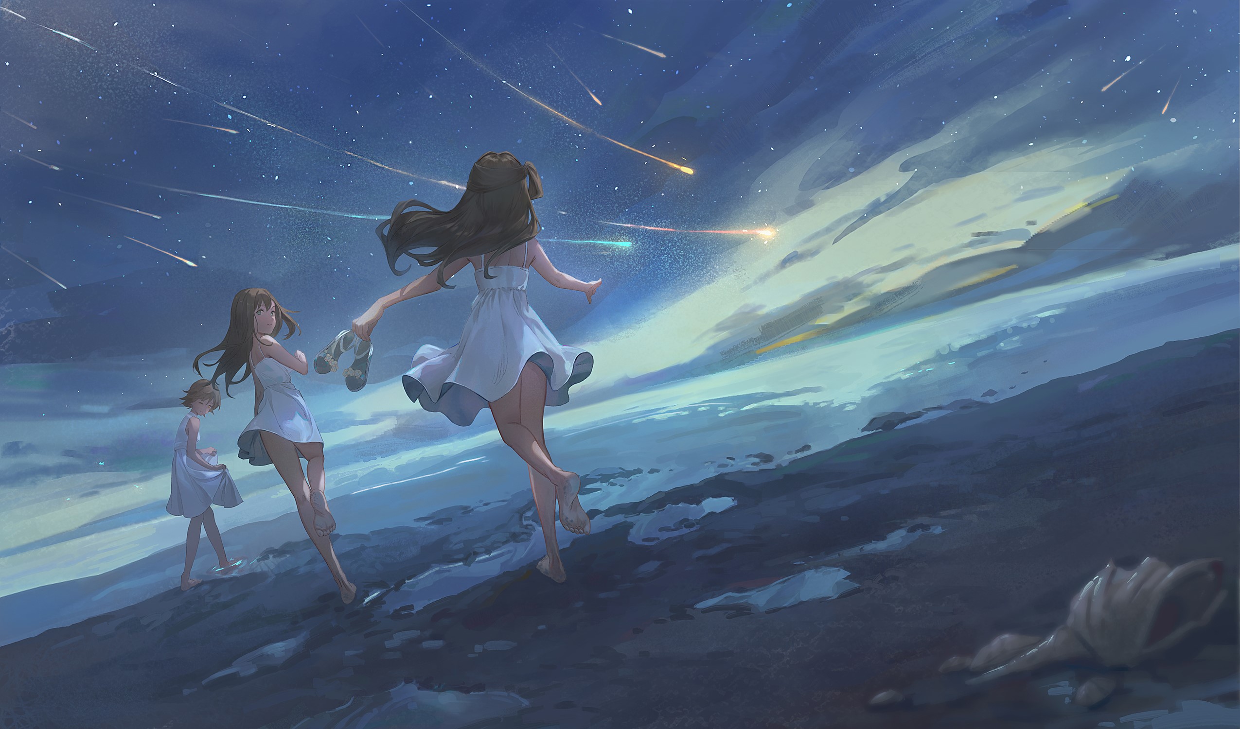 Anime girls in white dresses watching shooting stars HD Wallpaper