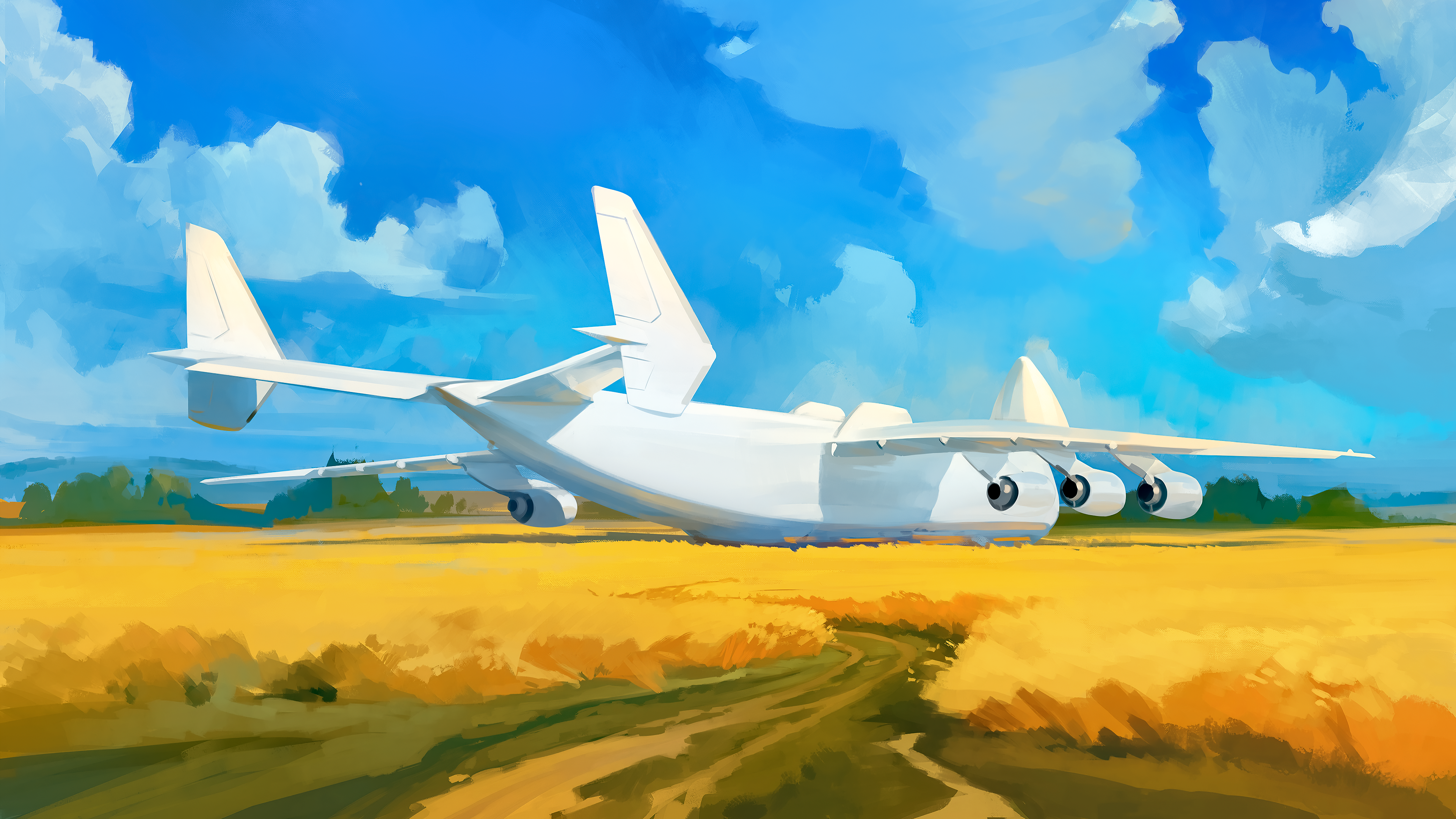 4K artwork of a white airplane in a field HD Wallpaper