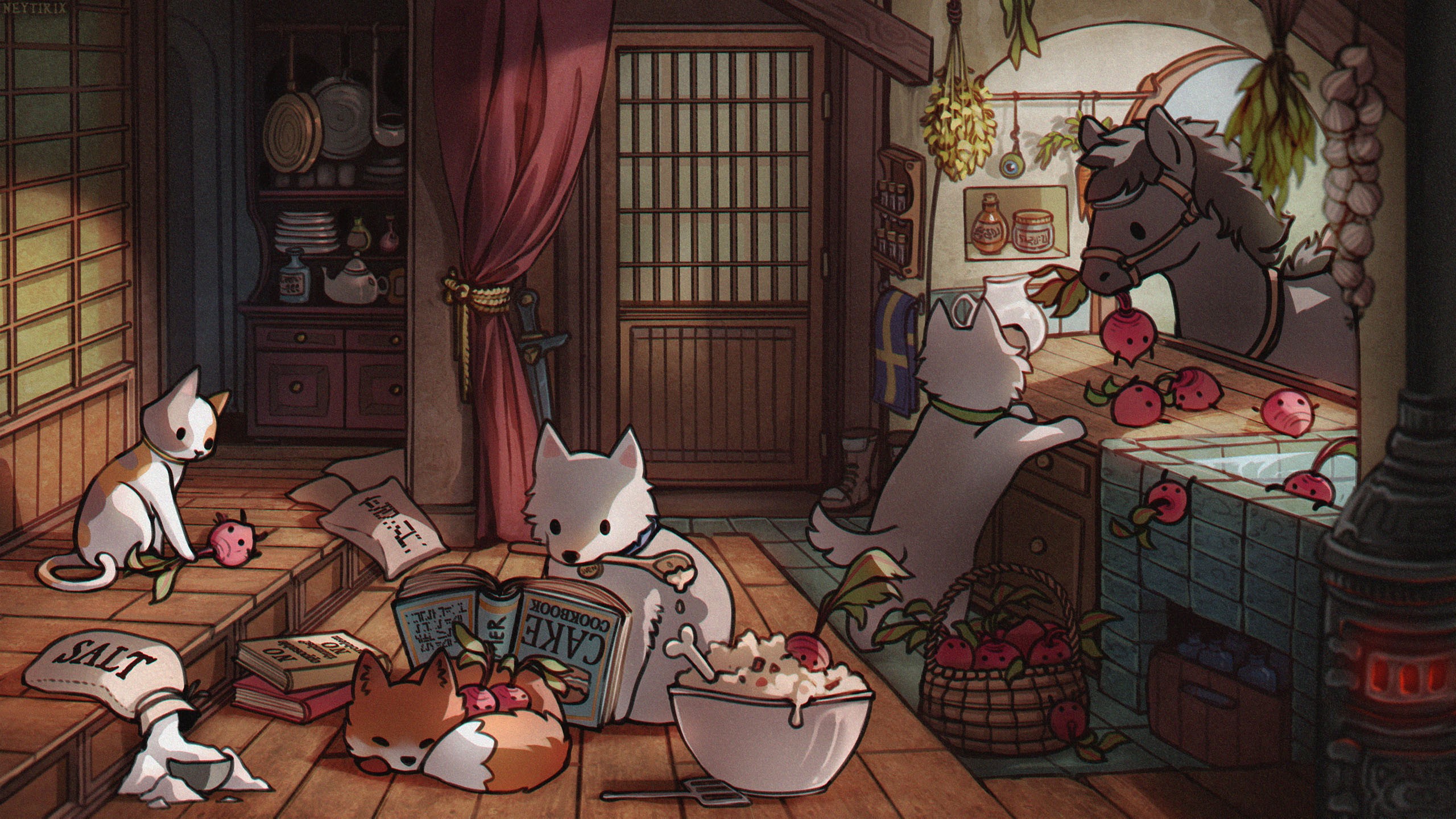Anime kitchen scene with animals and a horse HD Wallpaper