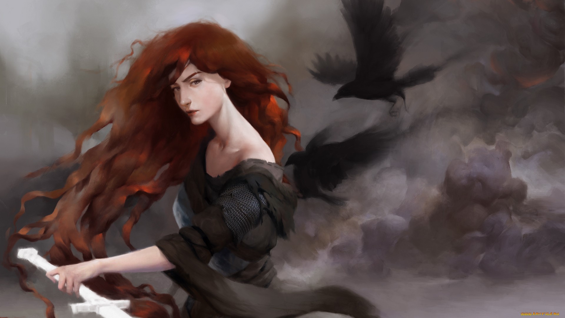 Fantasy art of a redhead warrior with a sword and crows HD Wallpaper