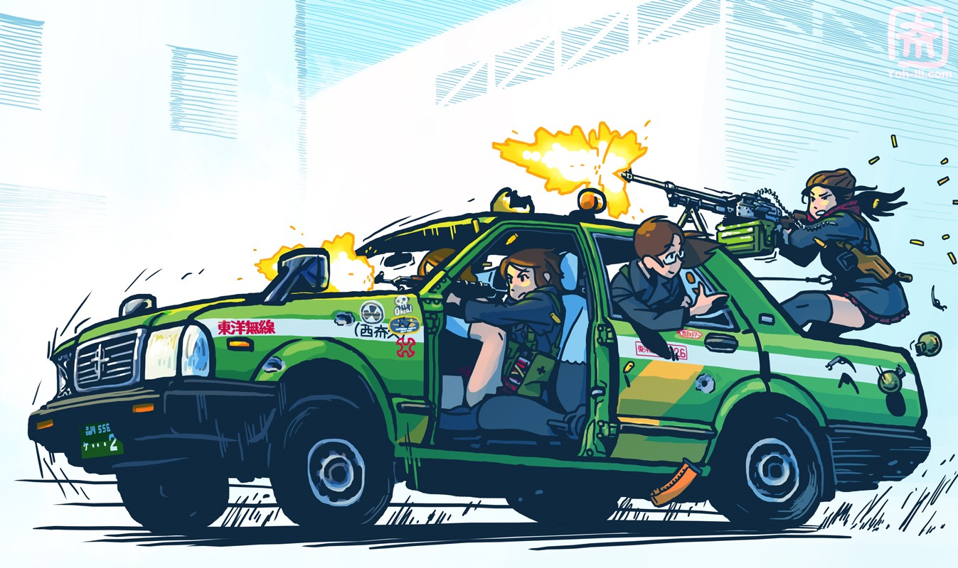 Anime girls in a green car firing machine guns HD Wallpaper