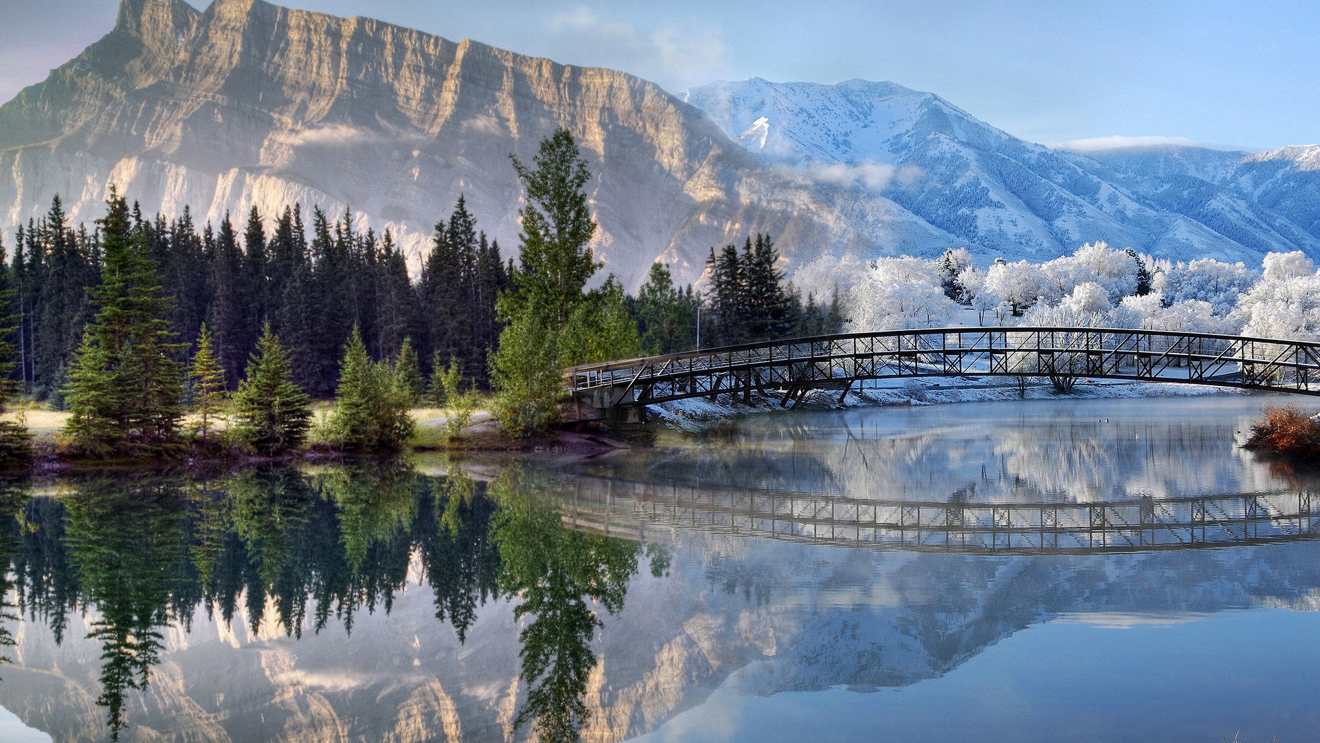 Bridge over a river with mountains and forest HD Wallpaper