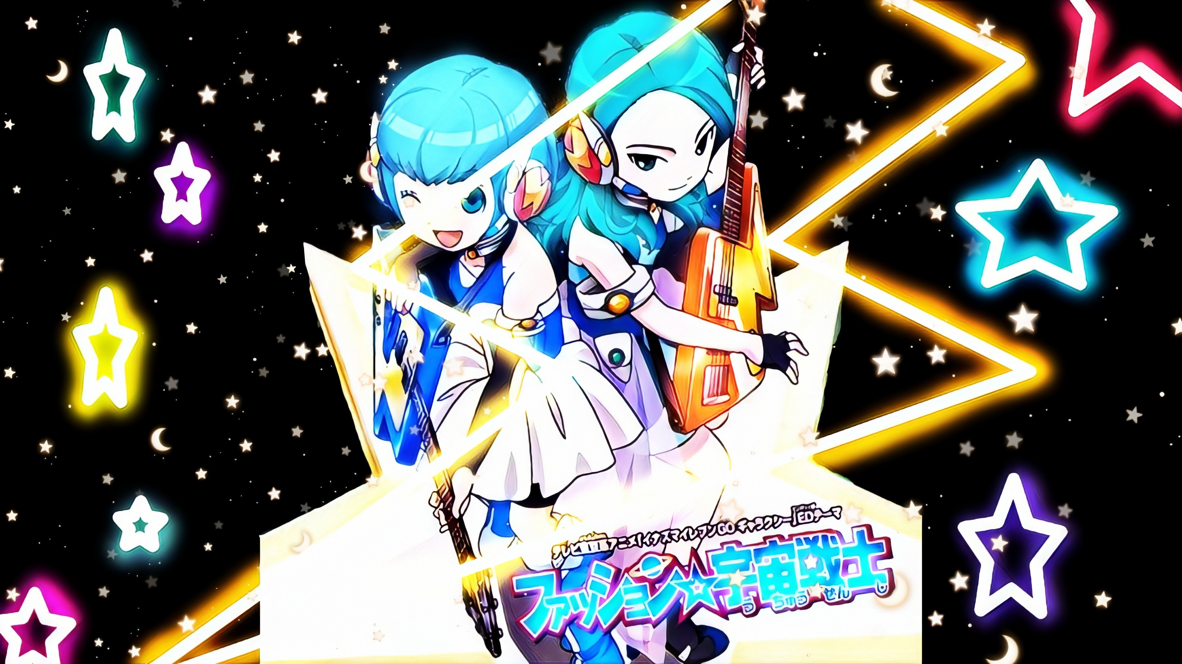 Anime girls with guitars and neon stars HD Wallpaper