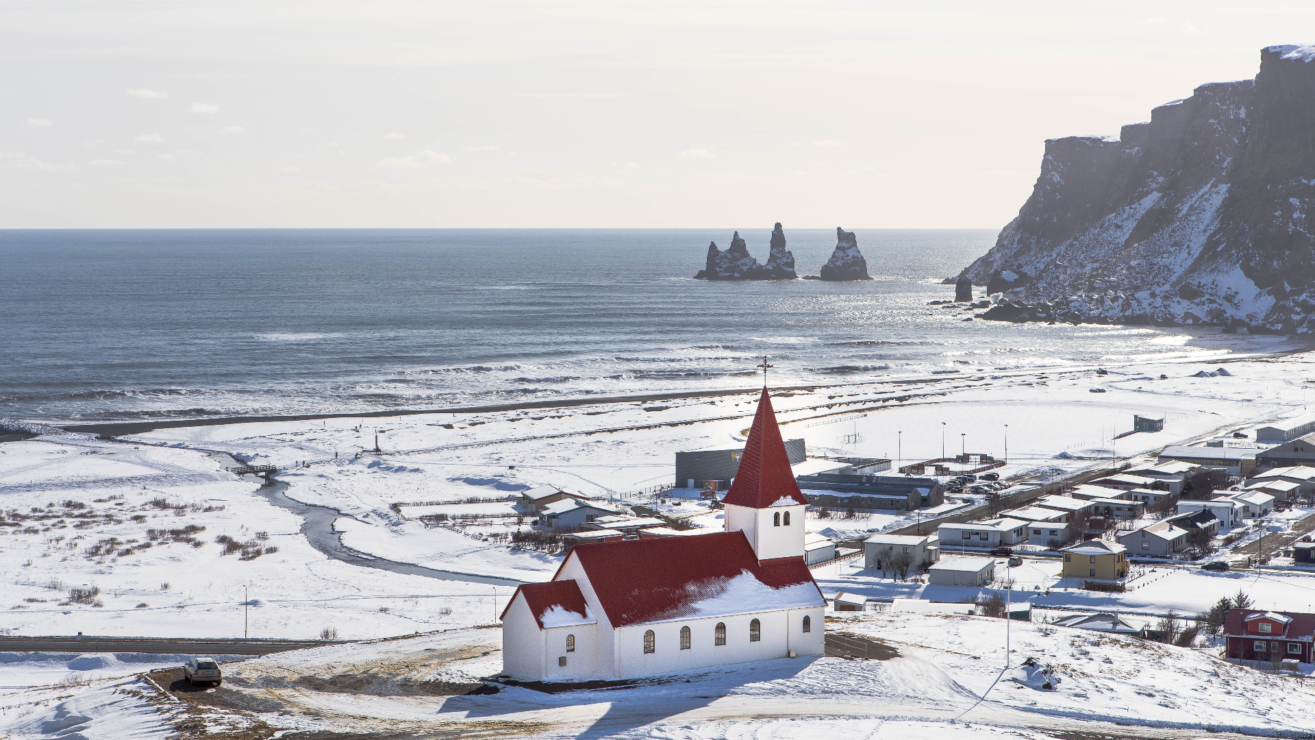 Church in Vik, Iceland with Reynisdrangar sea stacks HD Wallpaper
