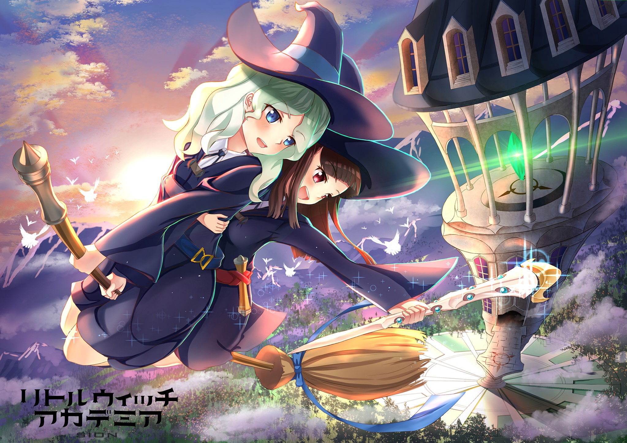 Akko and Diana from Little Witch Academia flying on a broom HD Wallpaper