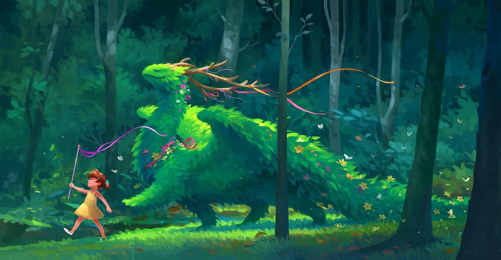 A girl with ribbons walks beside a green dragon in a forest HD Wallpaper