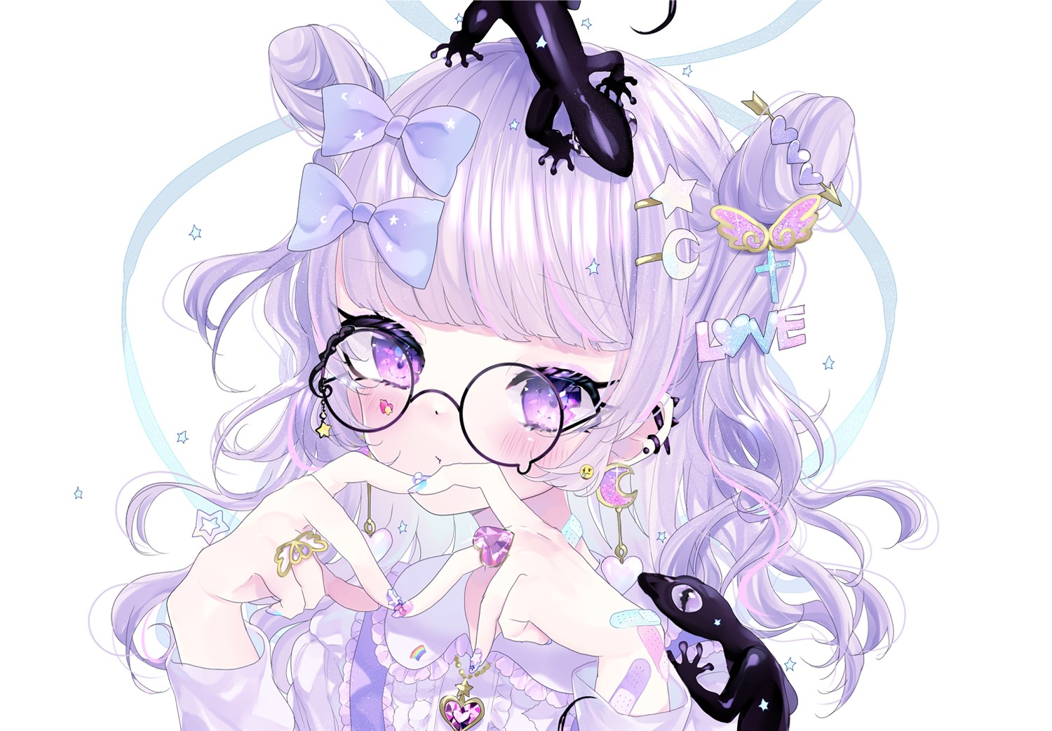 Anime girl with purple hair and glasses, with geckos HD Wallpaper