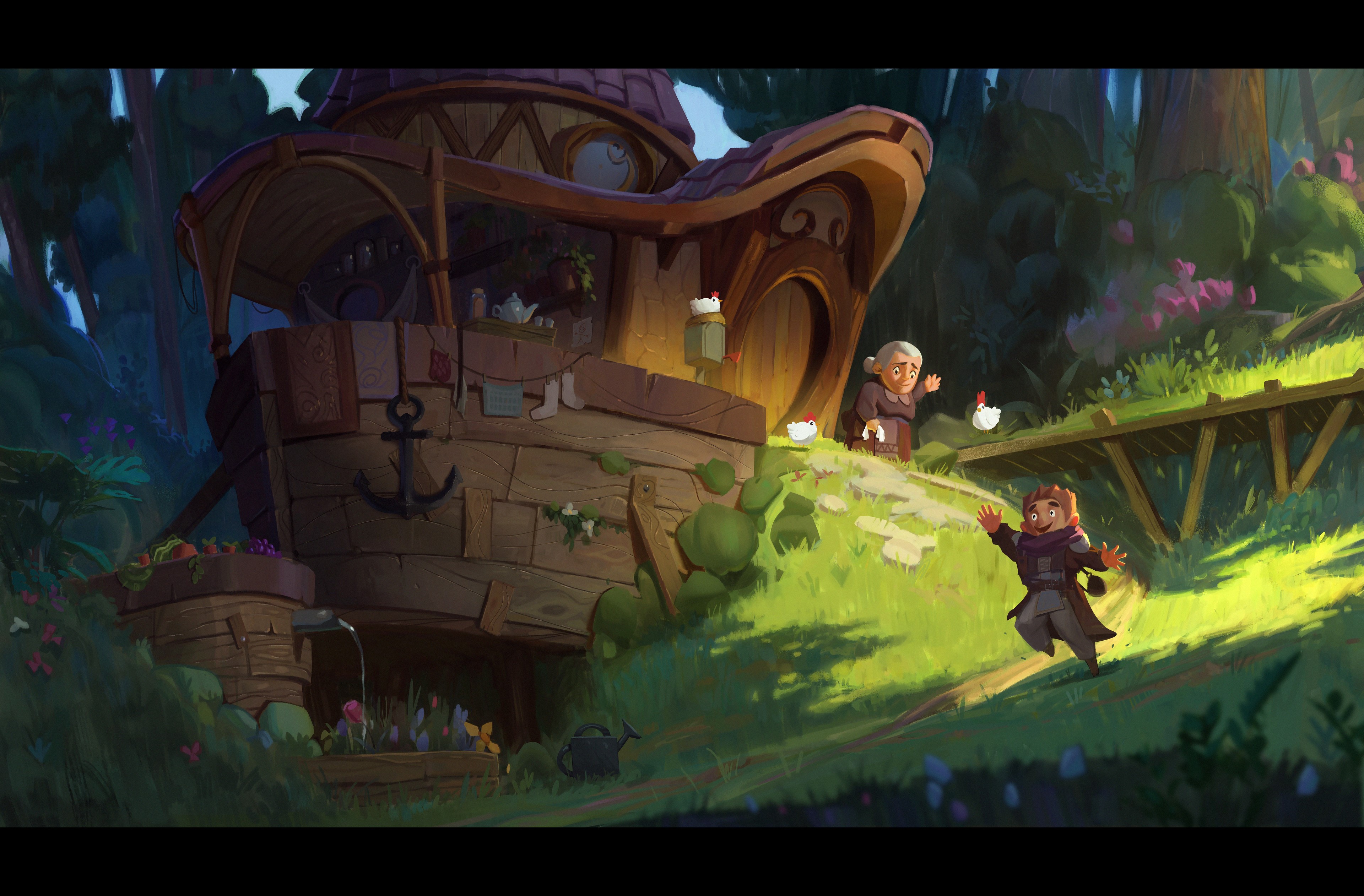 Fantasy forest scene with a whimsical house and characters HD Wallpaper
