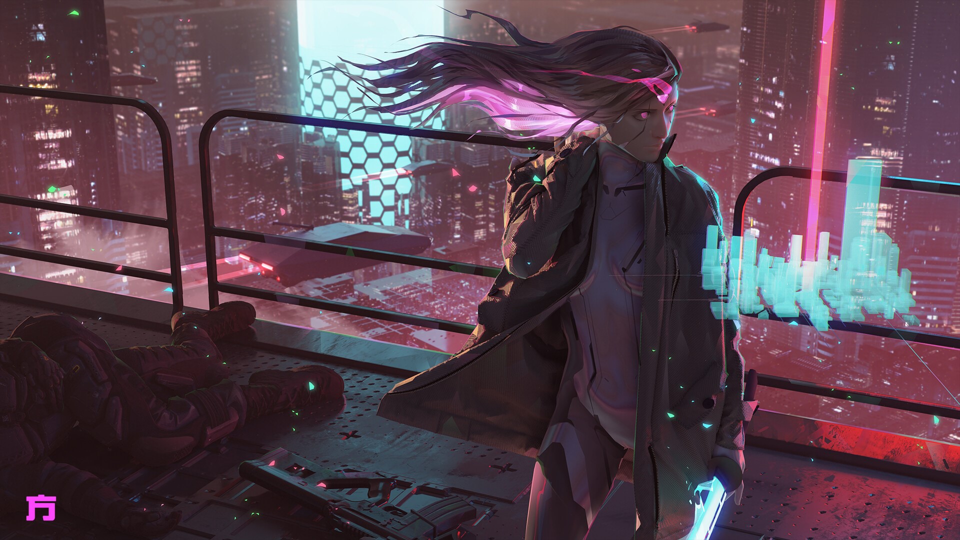 Cyberpunk character with futuristic city background HD Wallpaper