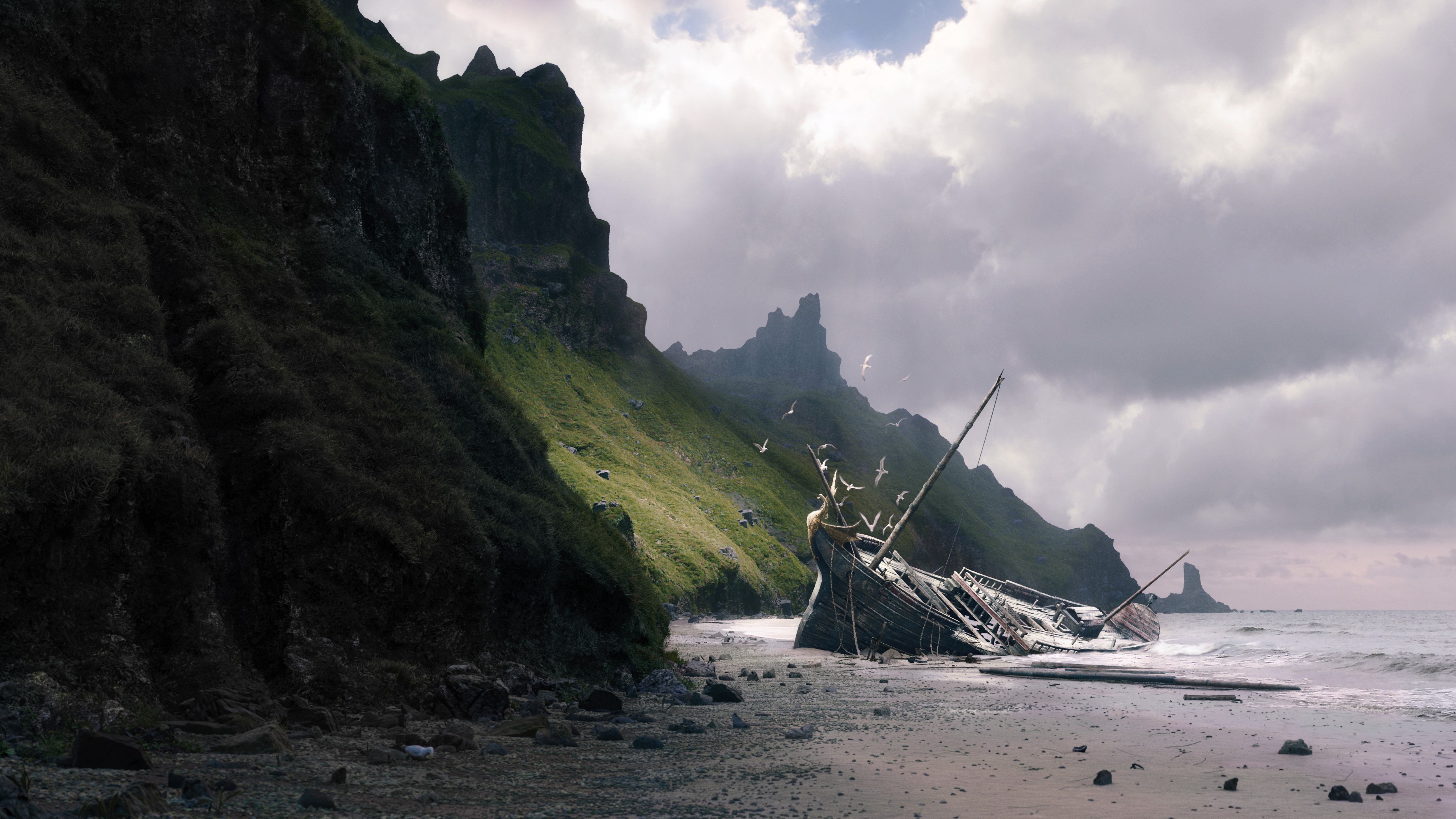 Shipwrecked sailing ship on a rocky beach with cliffs and seagulls HD Wallpaper