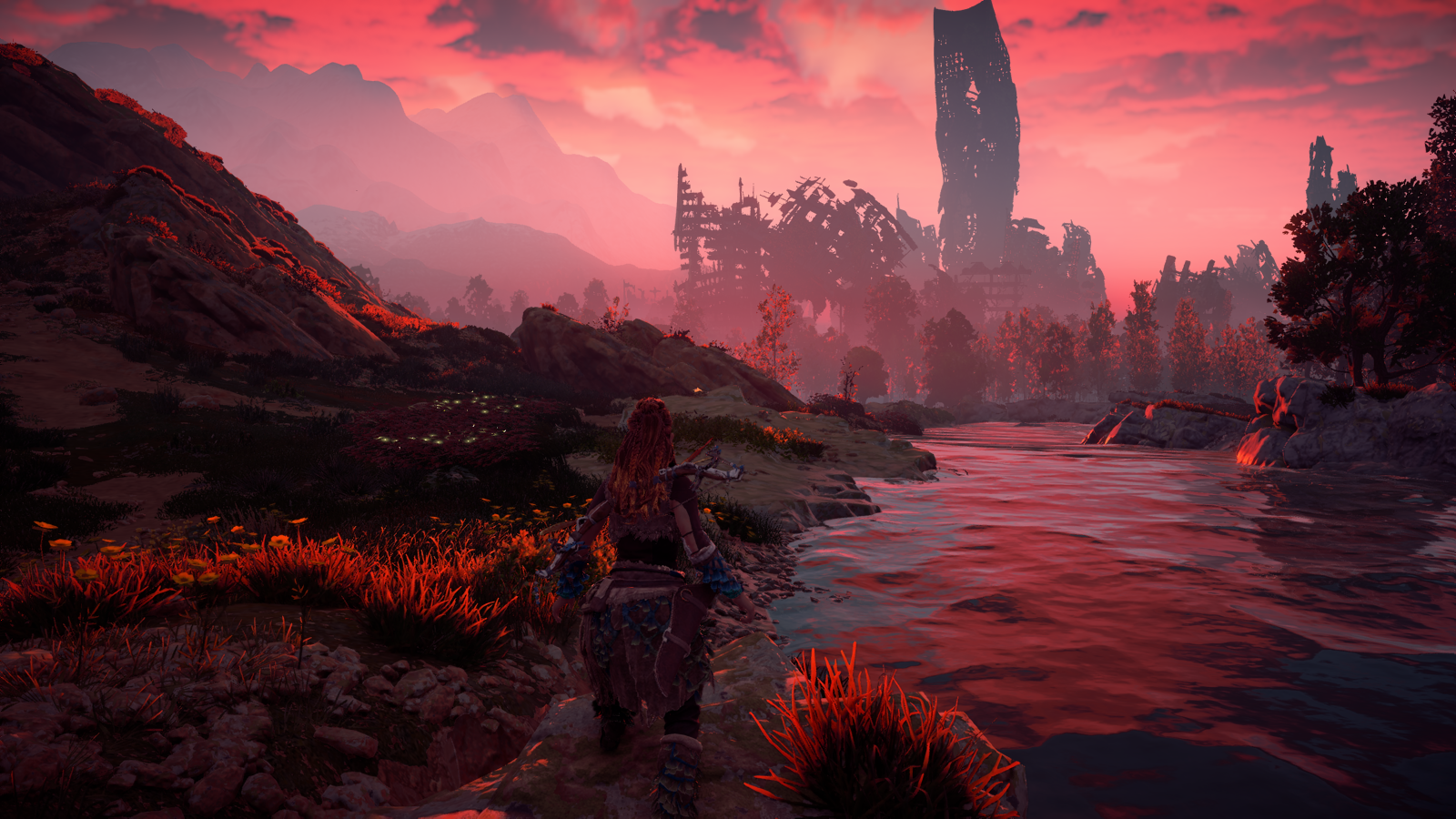 Aloy from Horizon: Zero Dawn by a river at sunset HD Wallpaper
