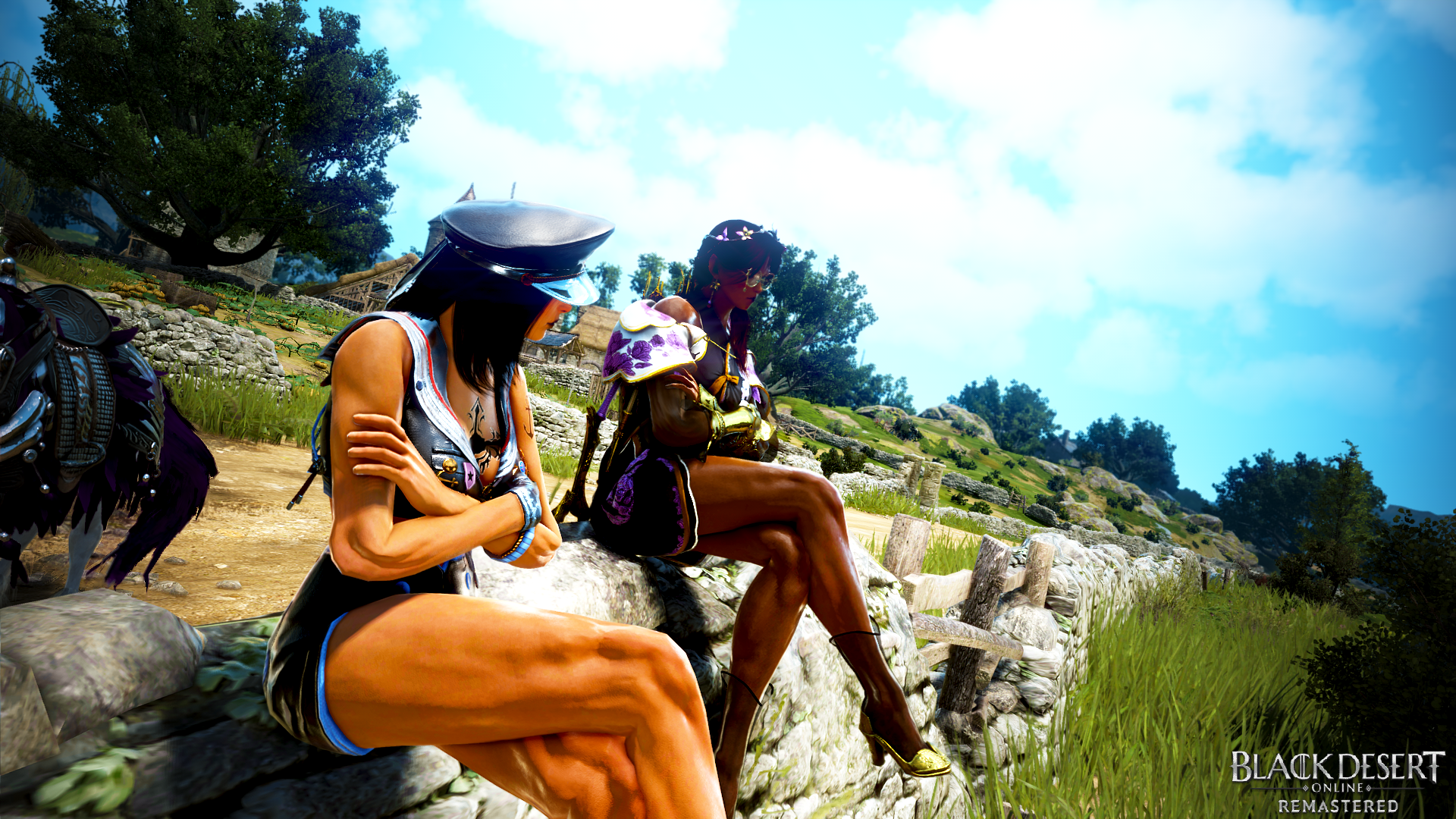 Two women sitting by a stone wall in Black Desert Online HD Wallpaper
