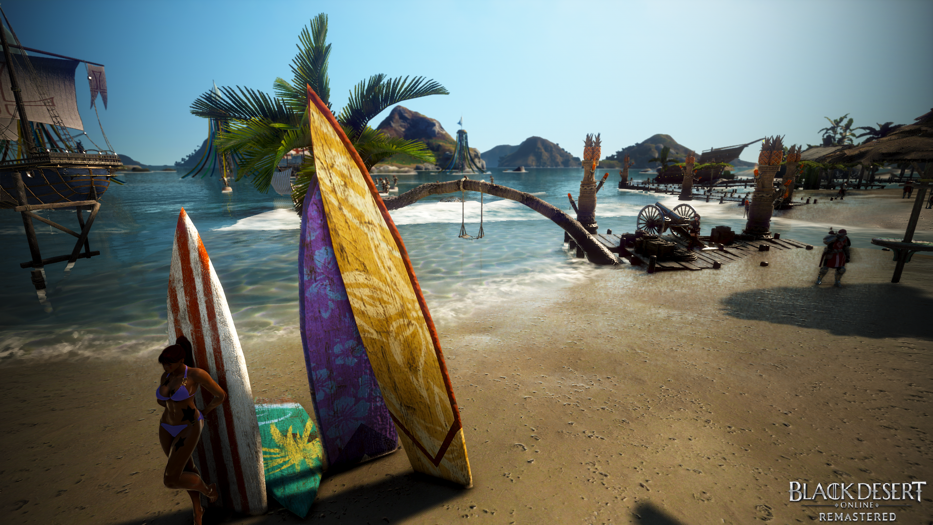 Black Desert Online beach scene with surfboards HD Wallpaper