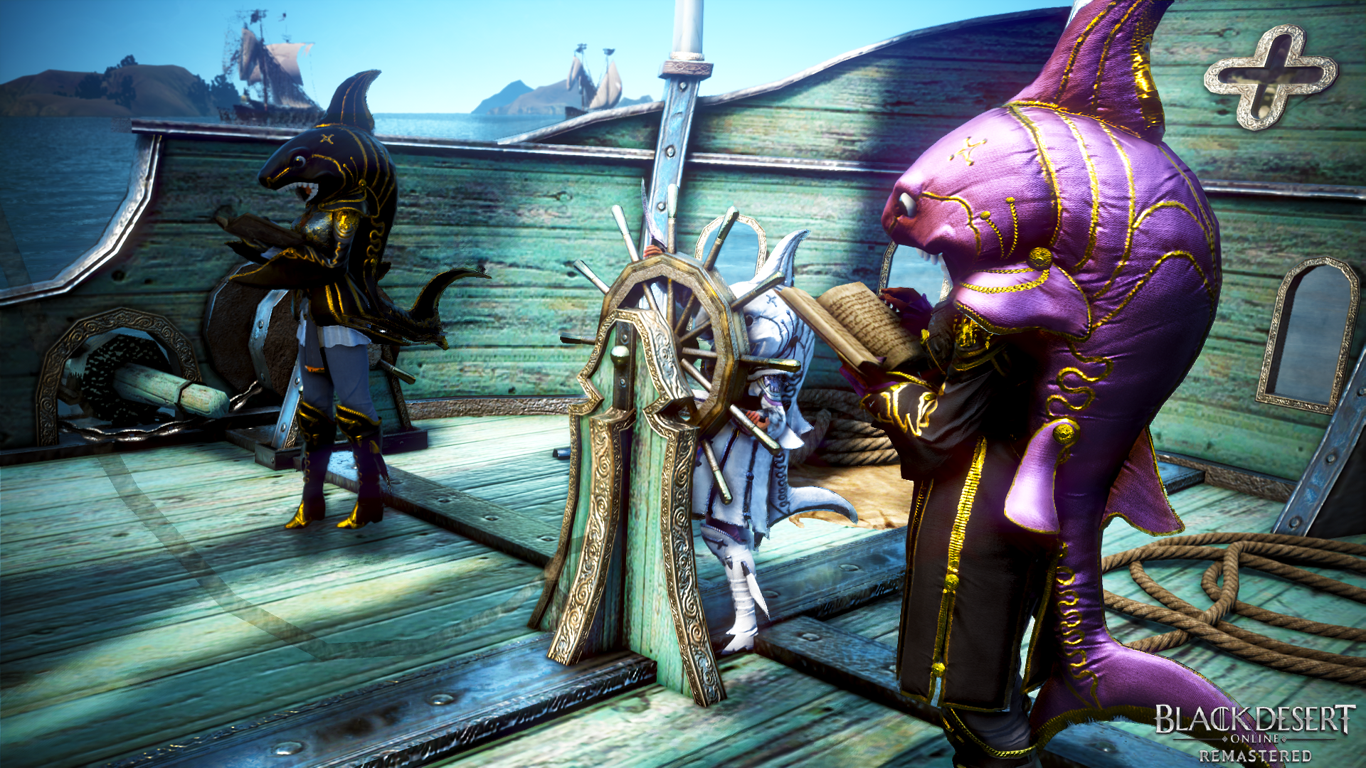 Black Desert Online characters in shark costumes on a ship HD Wallpaper