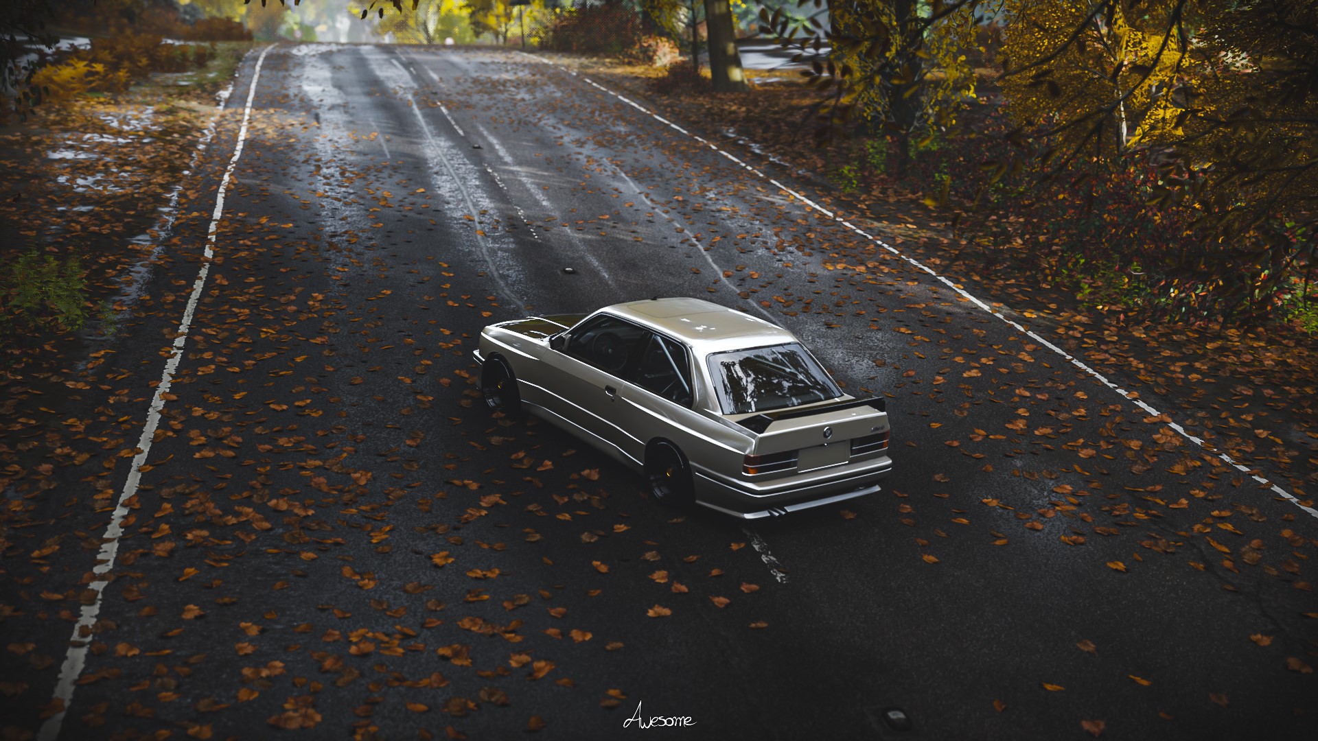 BMW M3 E30 on a leaf-covered road in Forza Horizon 4 HD Wallpaper