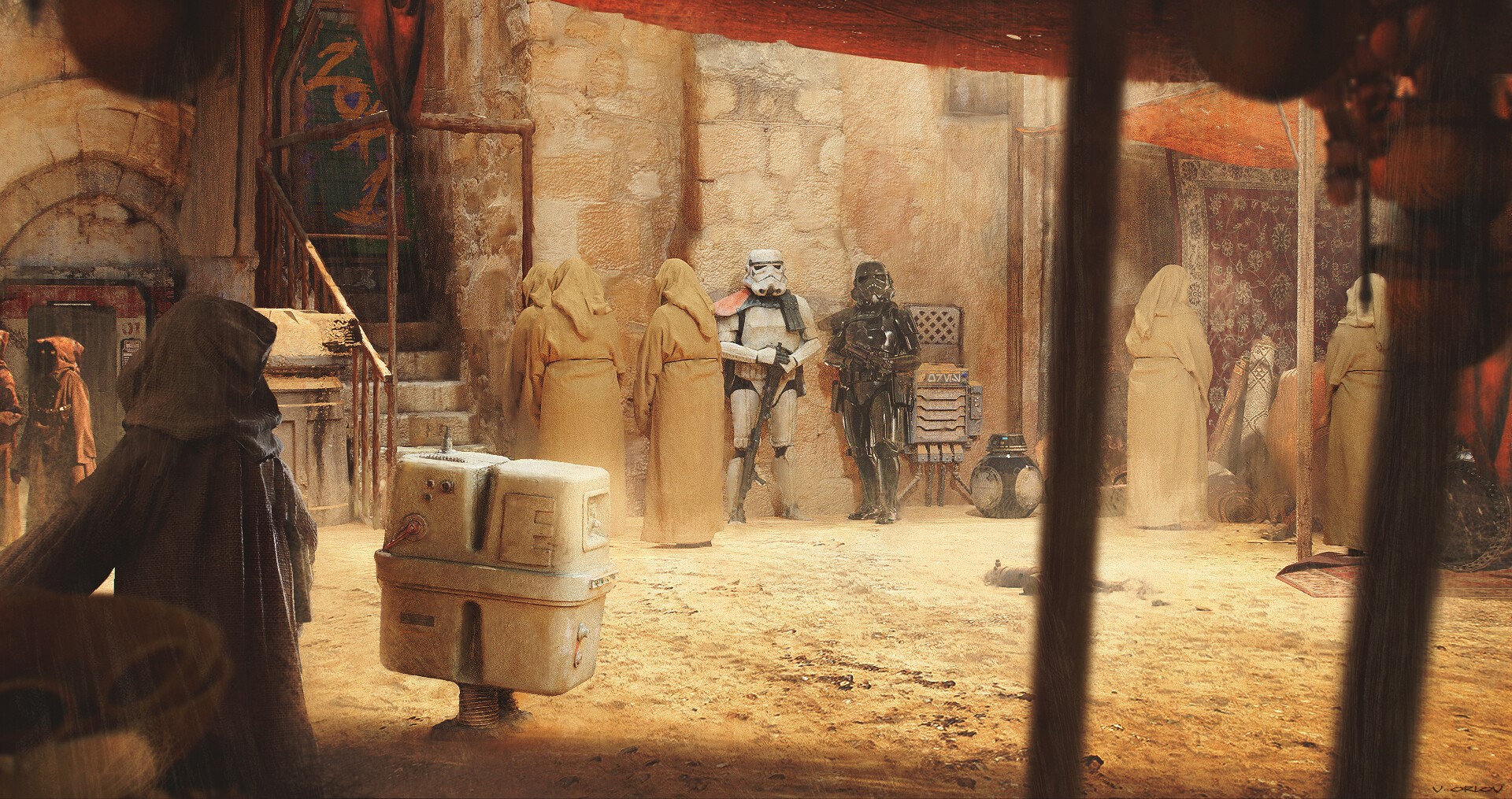 Star Wars artwork of Jedha marketplace with Stormtroopers HD Wallpaper