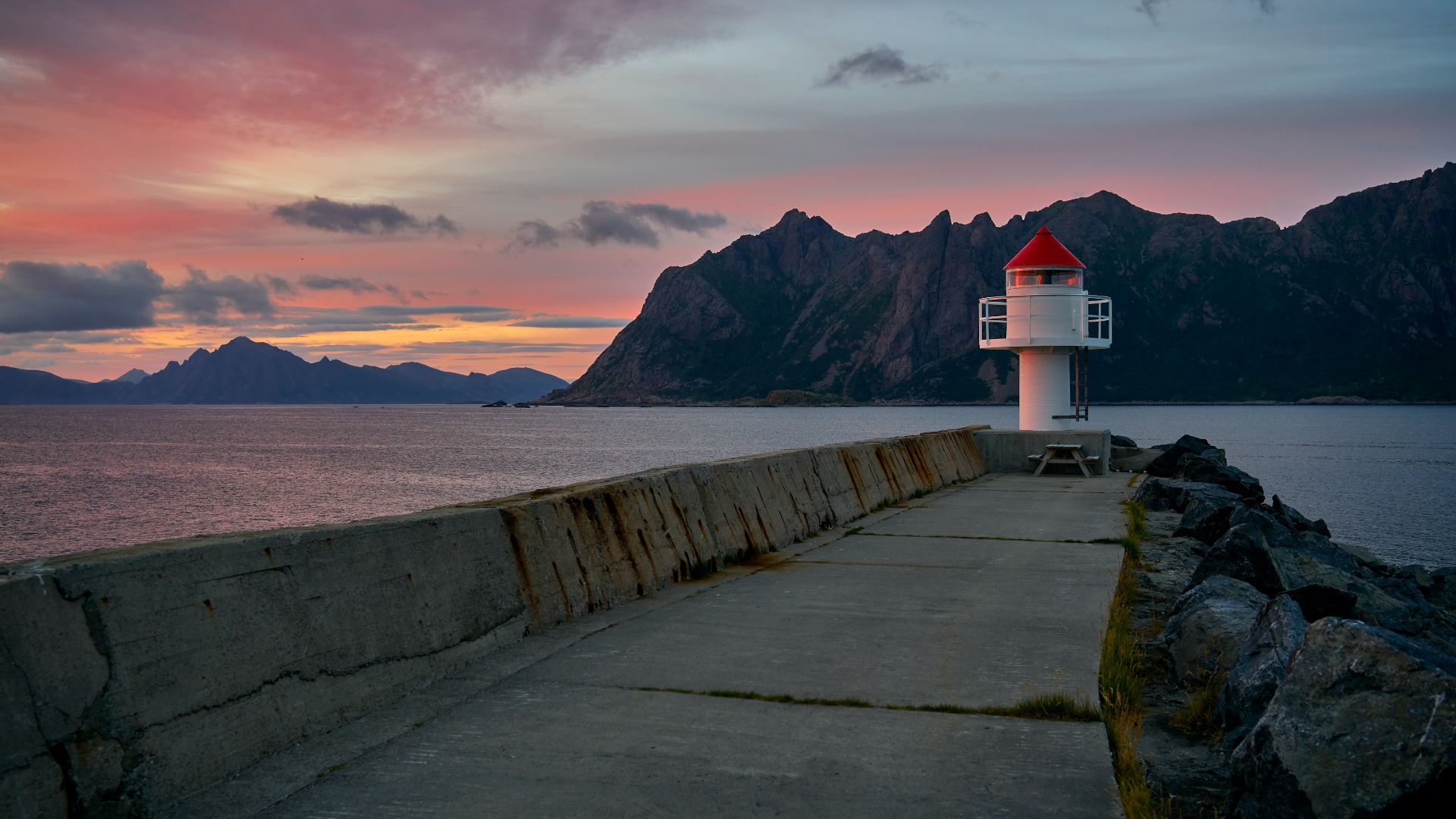 Lighthouse on a pier at sunset in Norway HD Wallpaper
