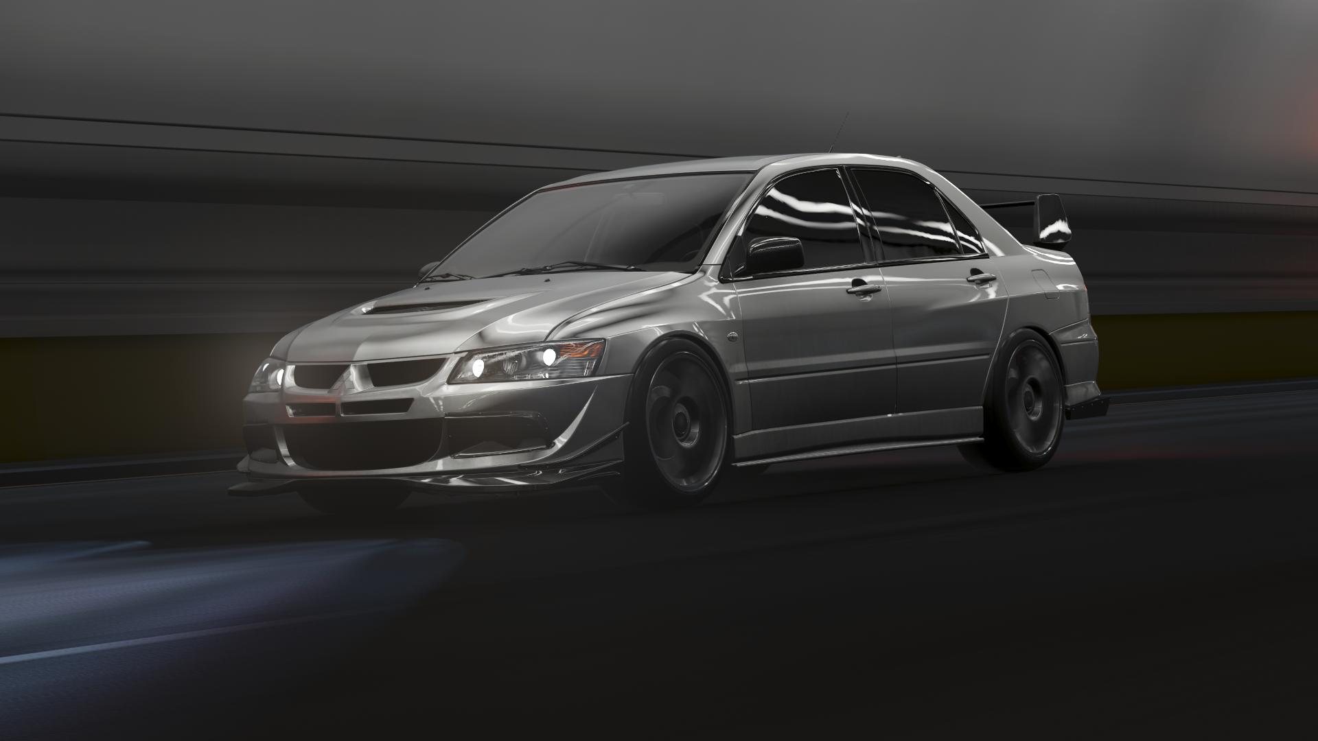 Silver Mitsubishi Lancer Evolution driving in tunnel HD Wallpaper
