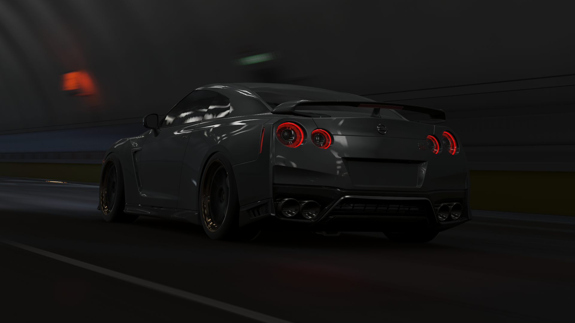 Rear view of a black Nissan GT-R driving in a tunnel HD Wallpaper