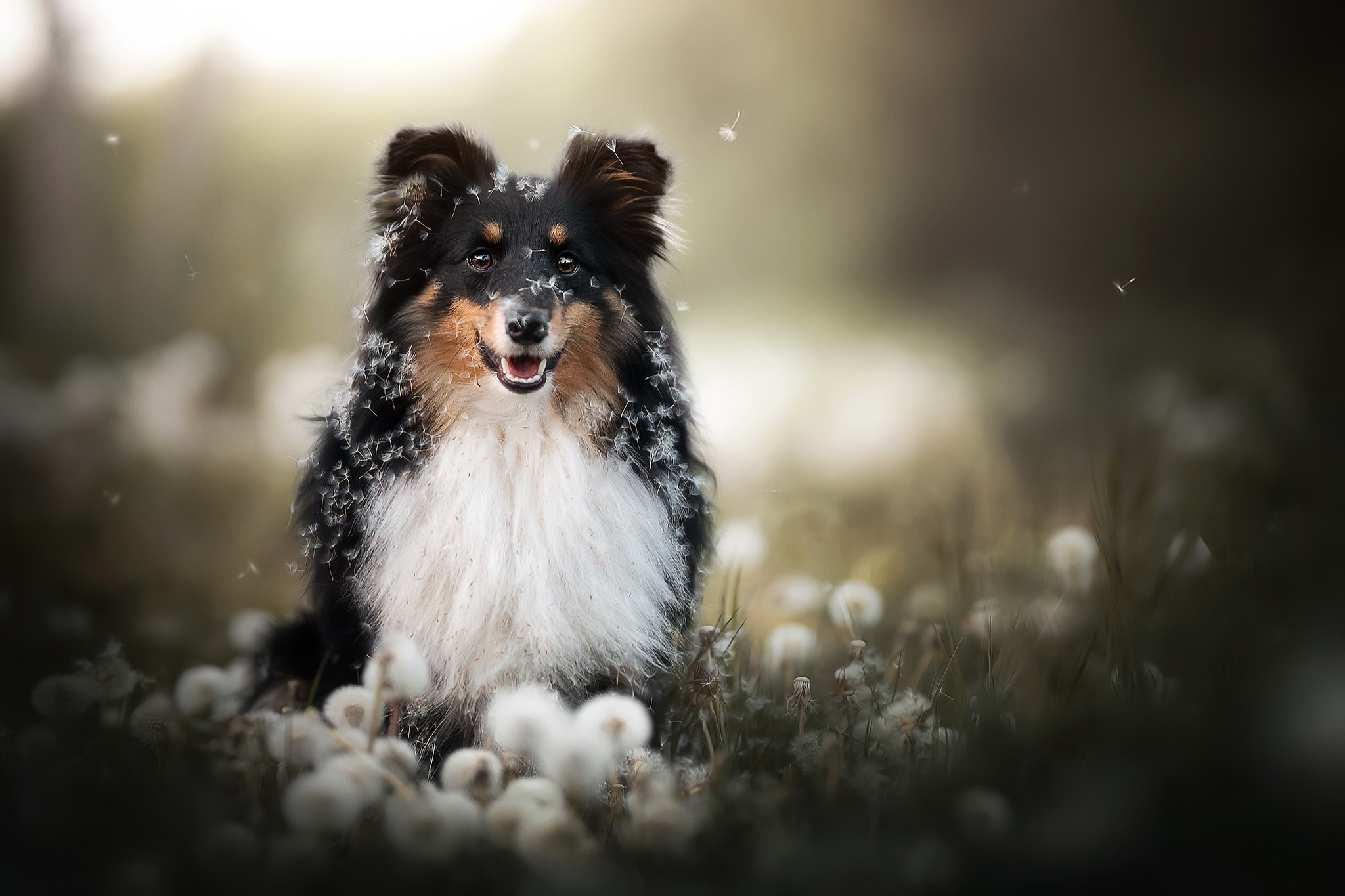 Tricolor Sheltie dog sitting in dandelions HD Wallpaper