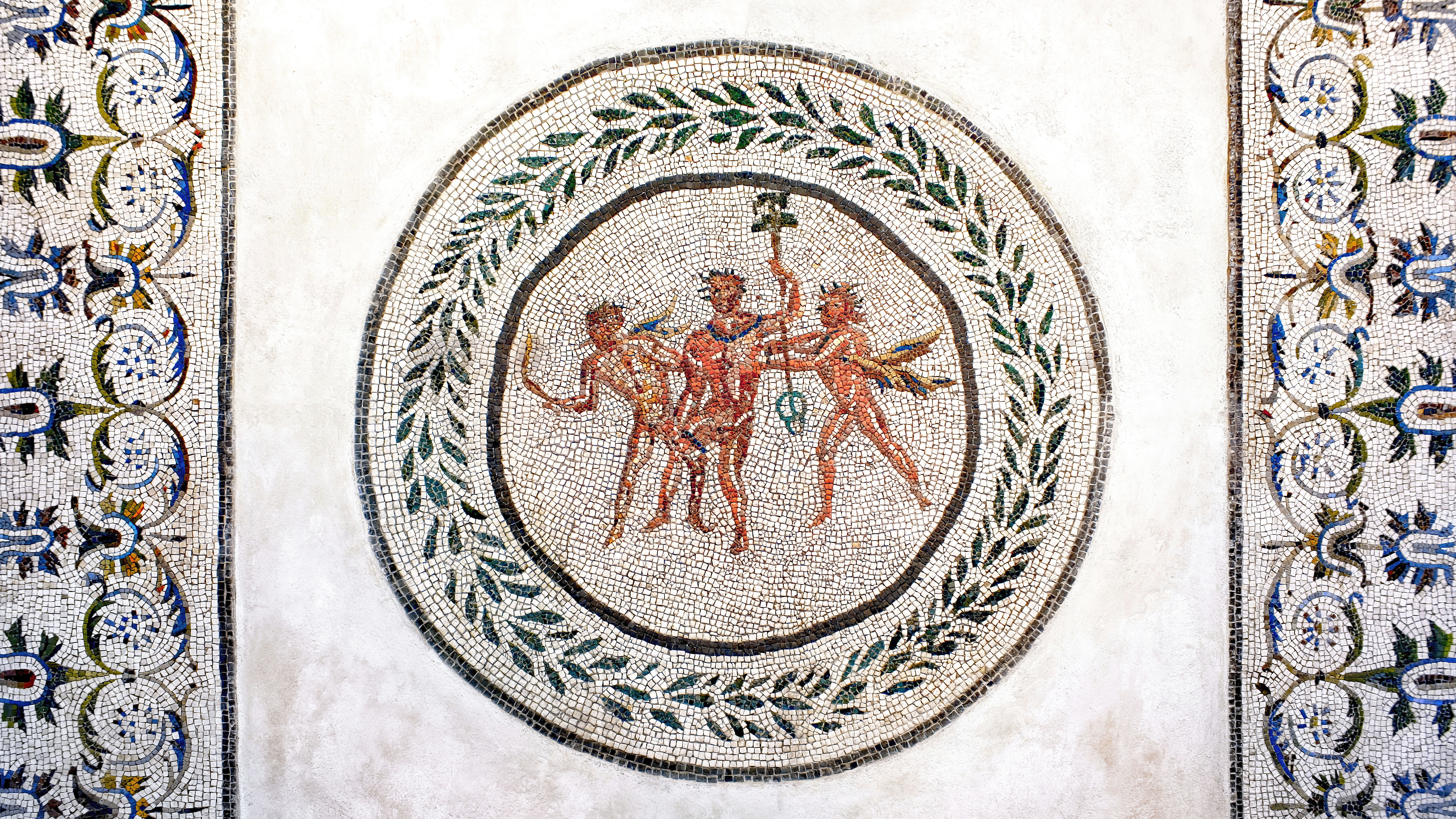 Mosaic of Dionysos and satyrs with laurel crowns HD Wallpaper