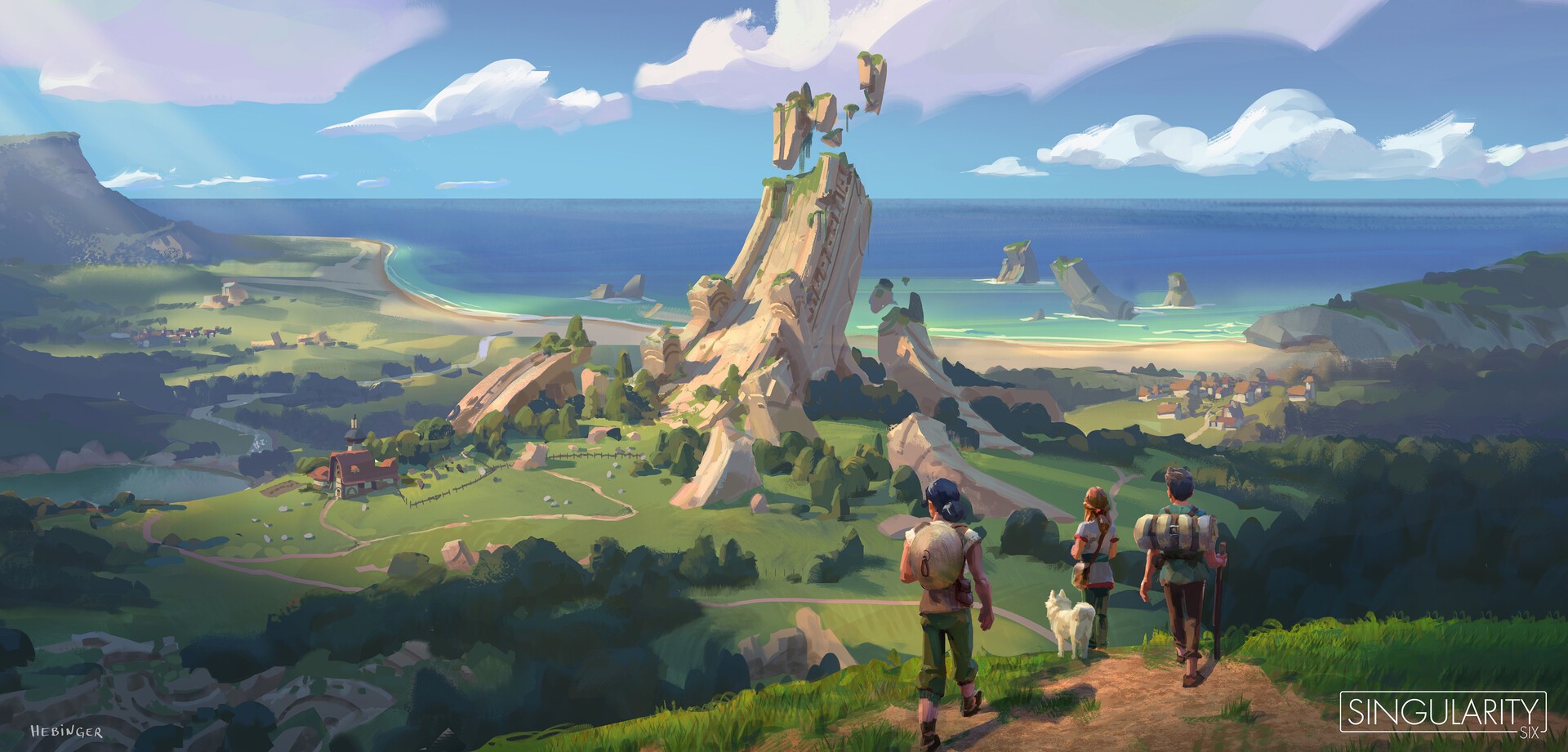Artwork of a fantasy landscape with floating islands and travelers HD Wallpaper