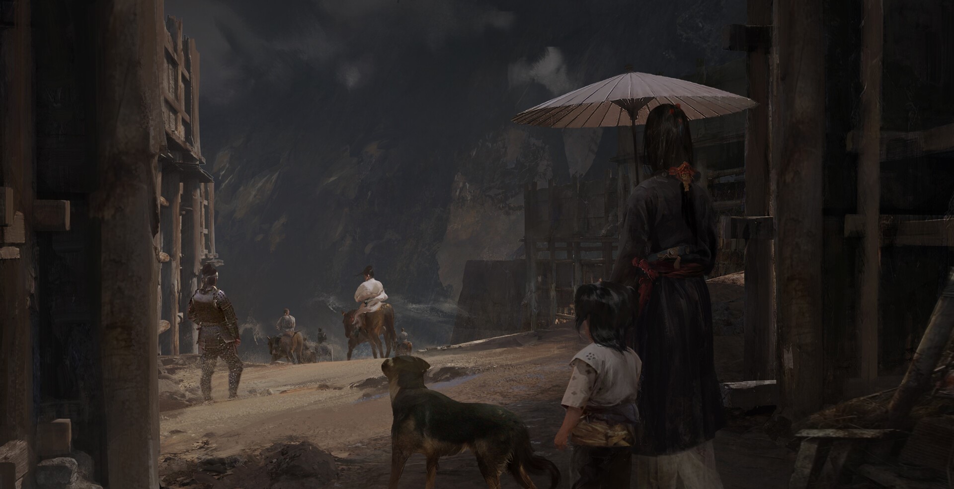 Concept art of people and dog in traditional Asian clothing HD Wallpaper
