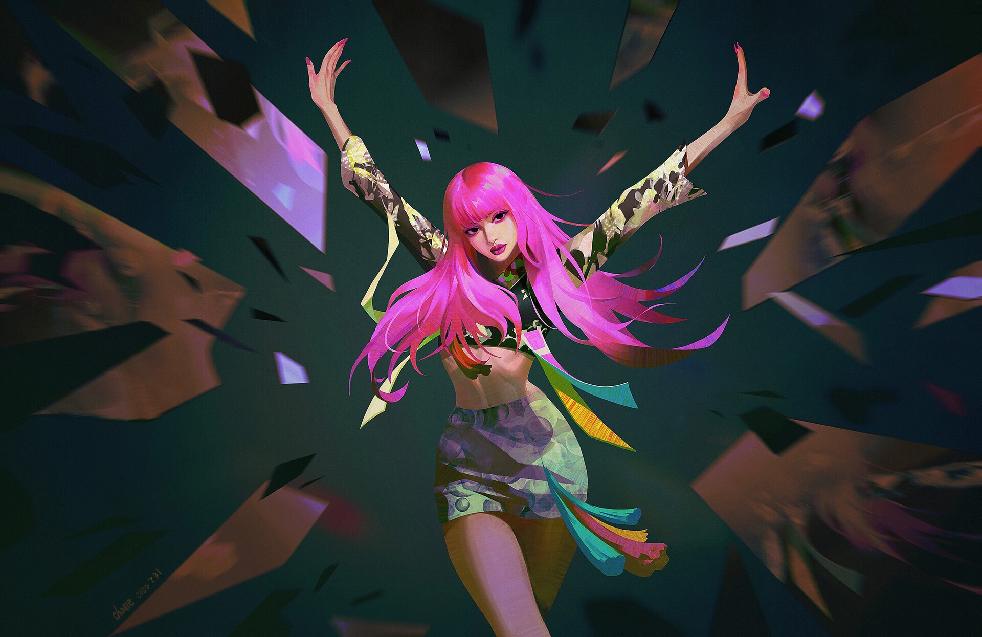 Anime girl with pink hair and colorful outfit HD Wallpaper