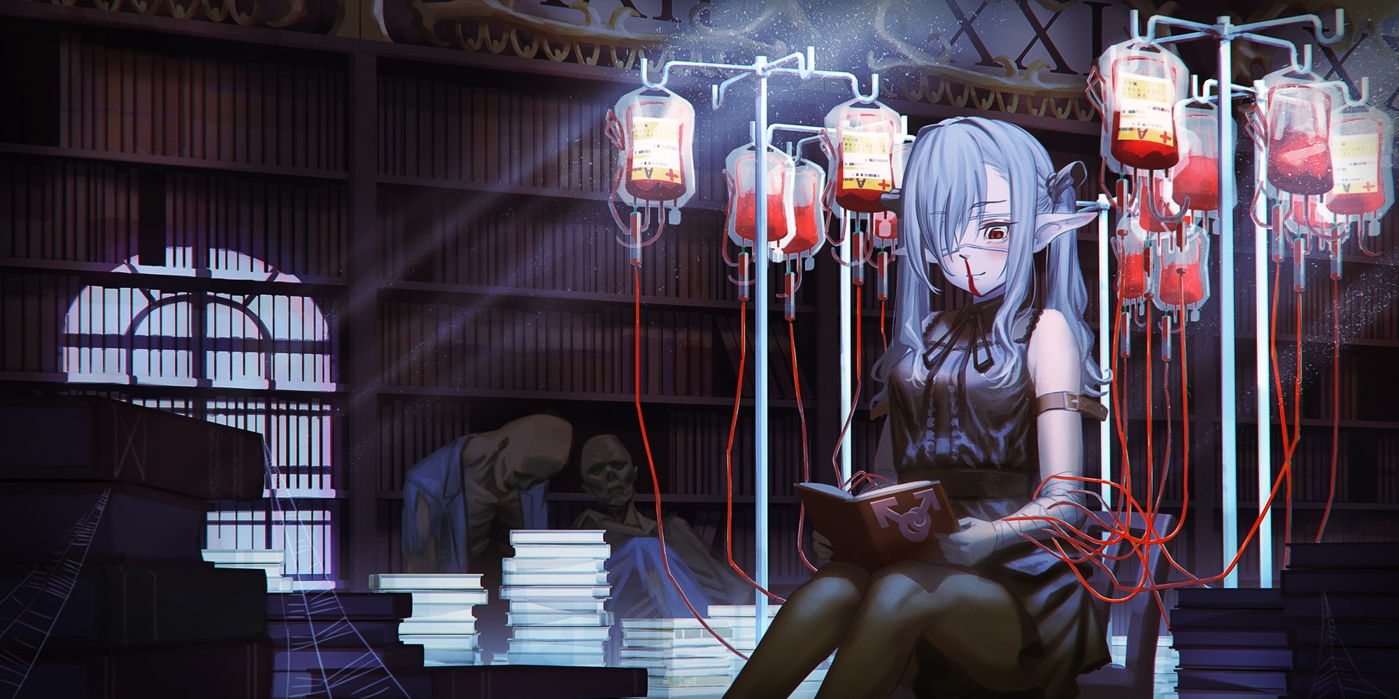 Anime girl with blue hair reading in a library with blood bags HD Wallpaper